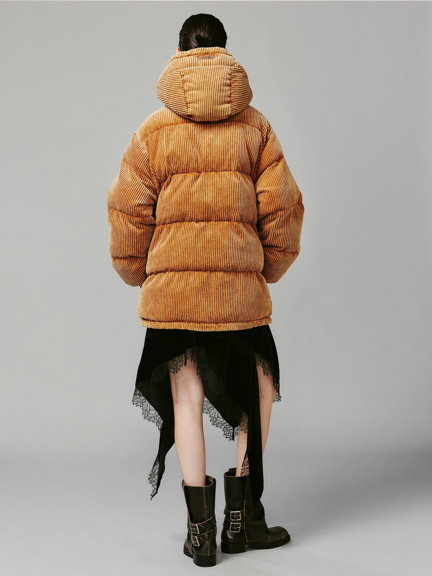 Corduroy hooded puffer jacket