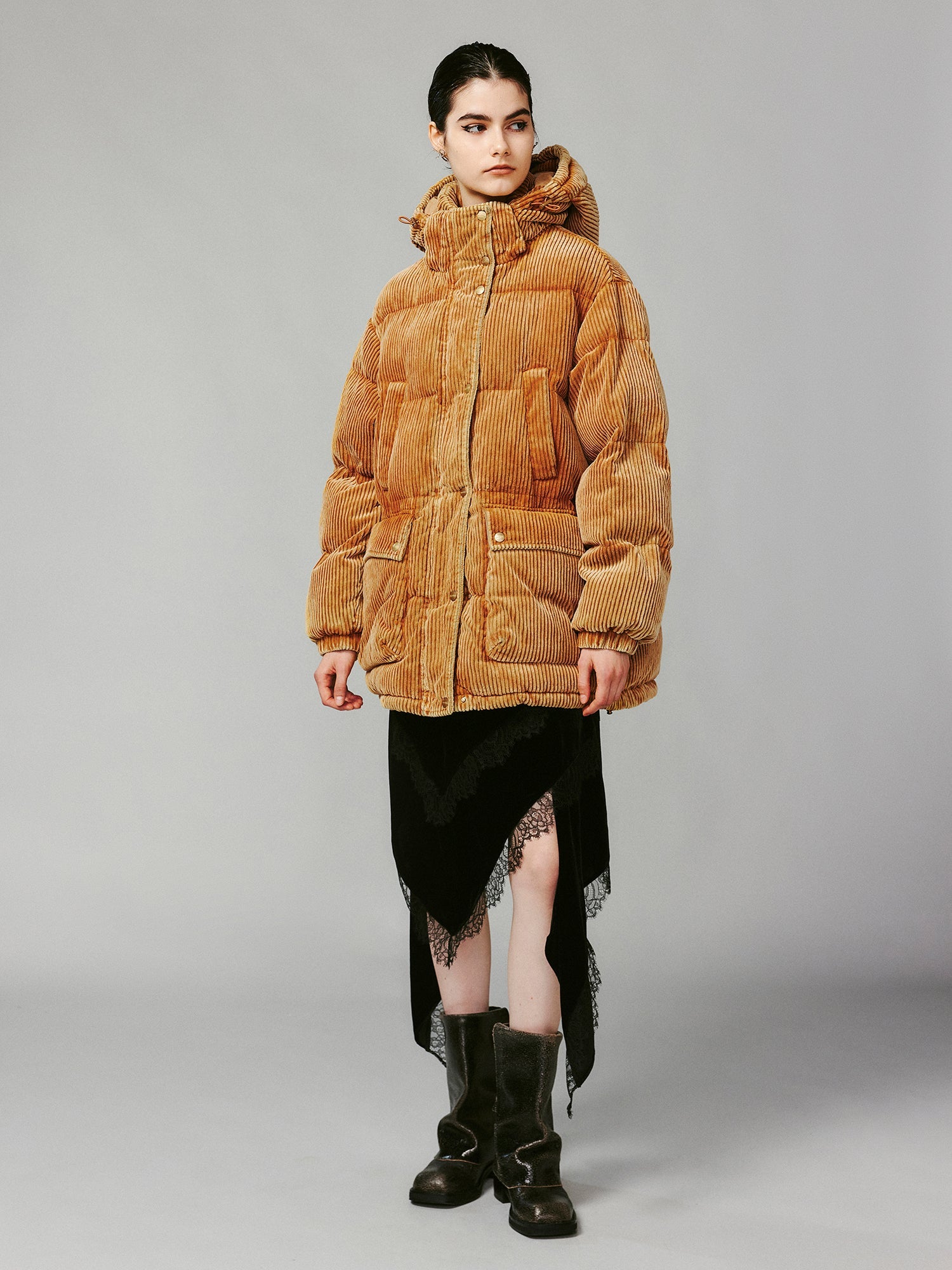 Corduroy hooded puffer jacket