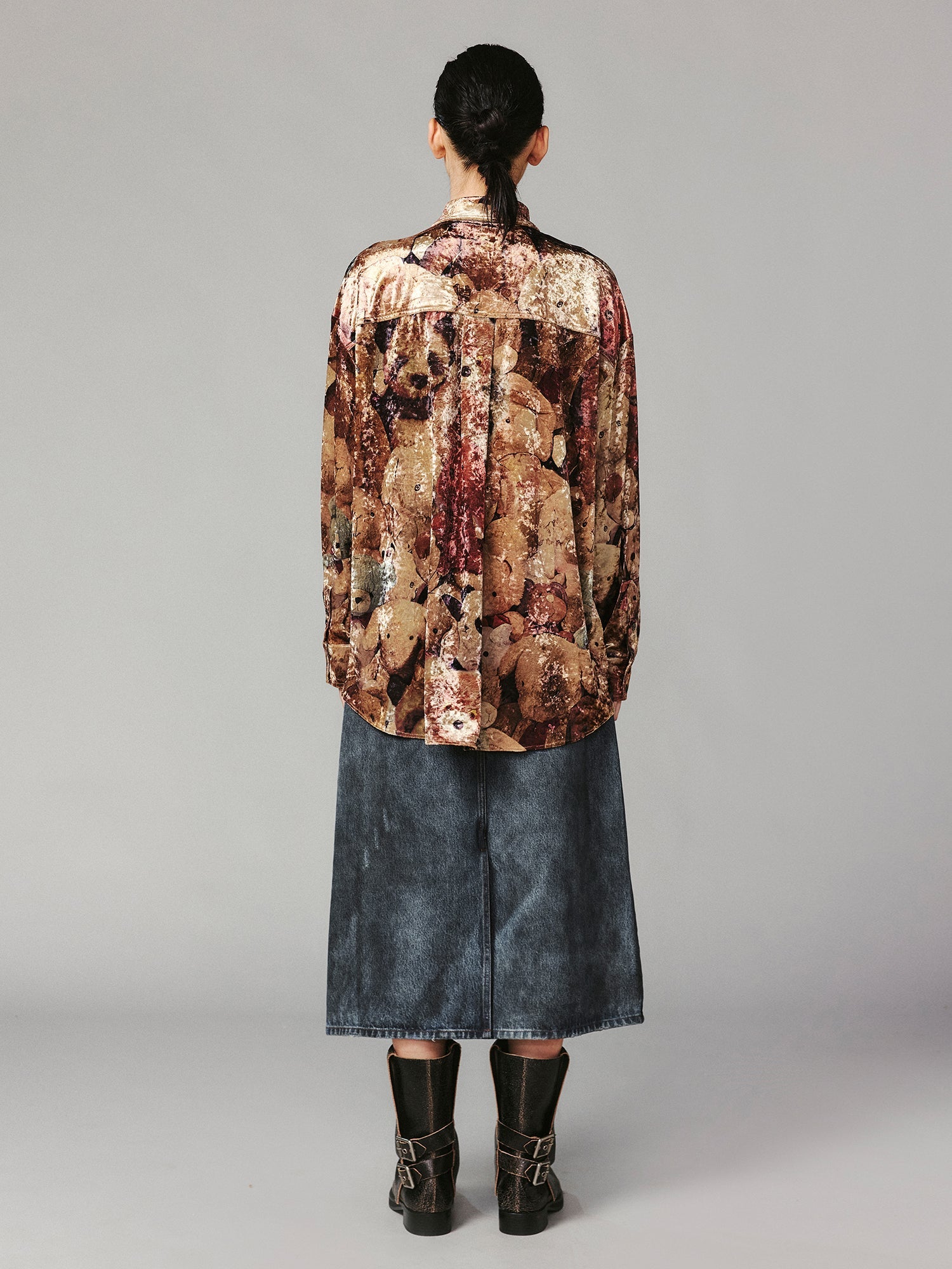 Velvet printed shirt brimming with vintage plush toys