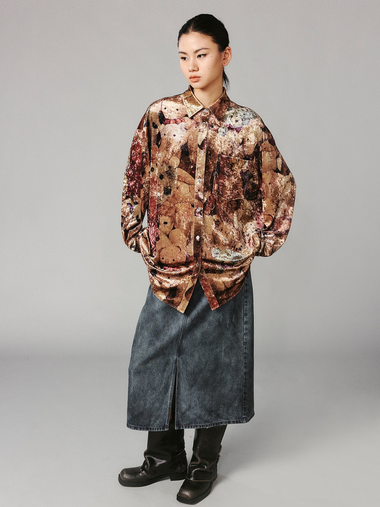 Velvet printed shirt brimming with vintage plush toys