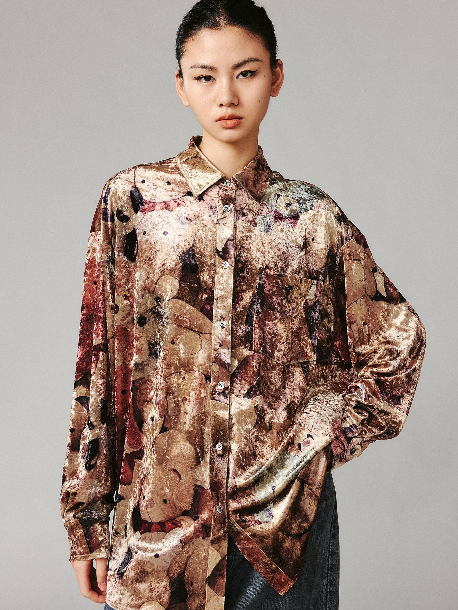 Velvet printed shirt brimming with vintage plush toys