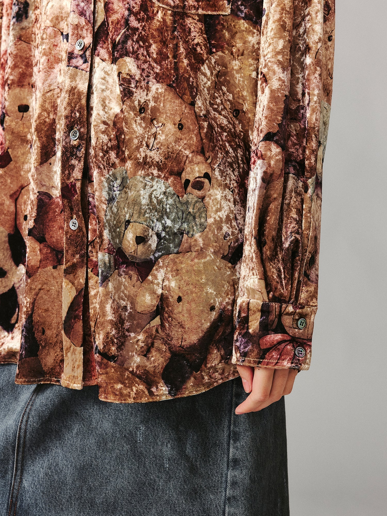 Velvet printed shirt brimming with vintage plush toys