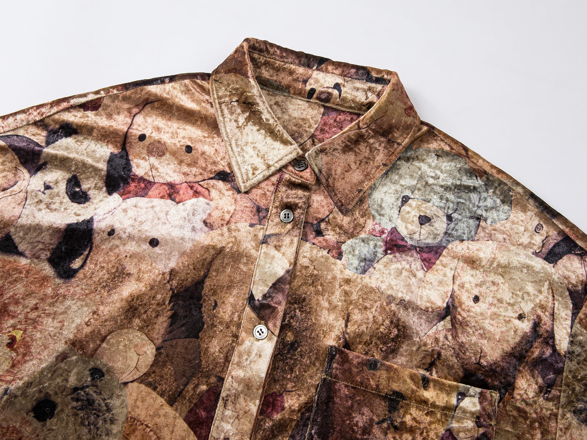 Velvet printed shirt brimming with vintage plush toys