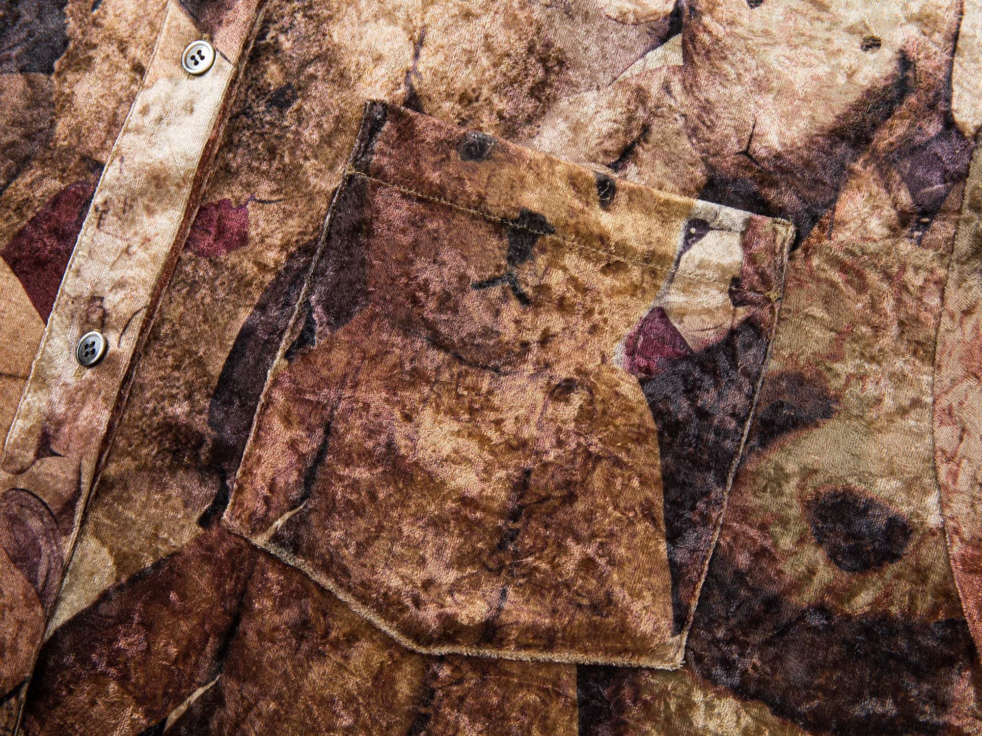 Velvet printed shirt brimming with vintage plush toys
