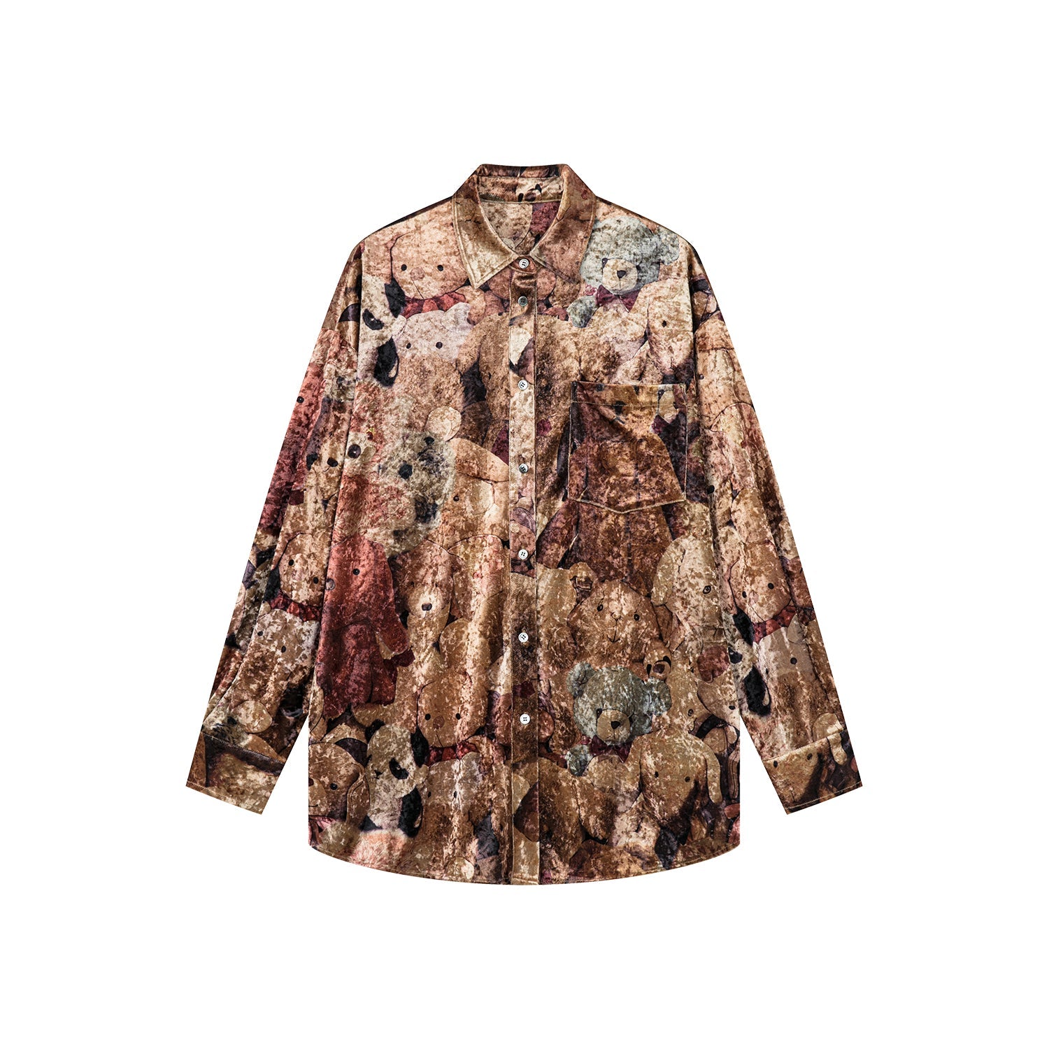 Velvet printed shirt brimming with vintage plush toys