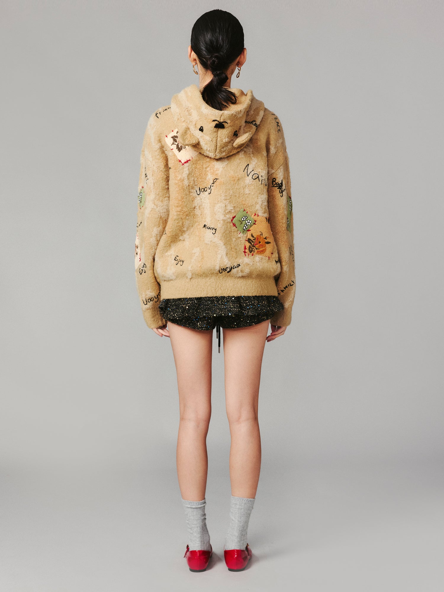 Patchwork teddy bear hooded knit cardigan