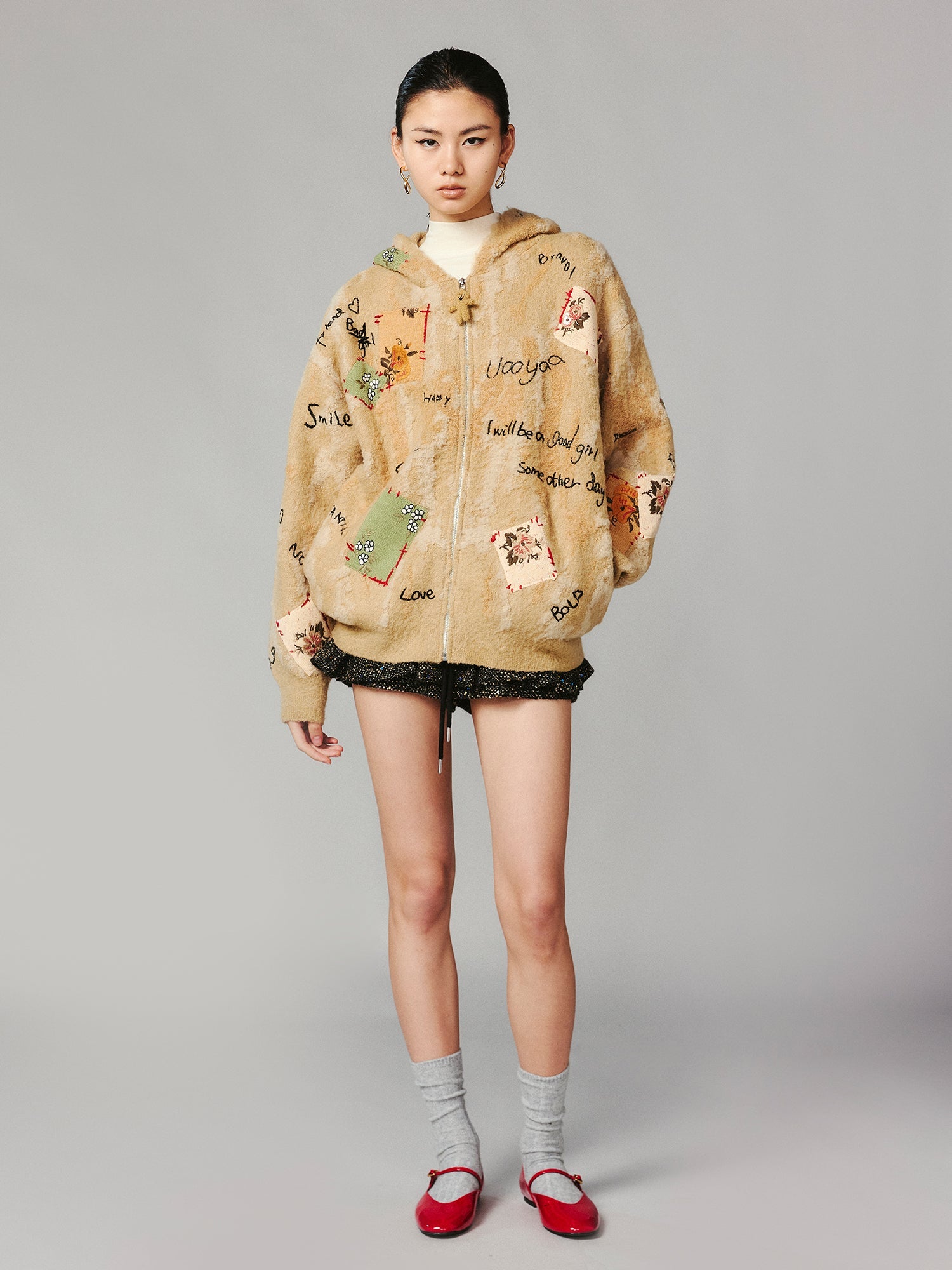 Patchwork teddy bear hooded knit cardigan