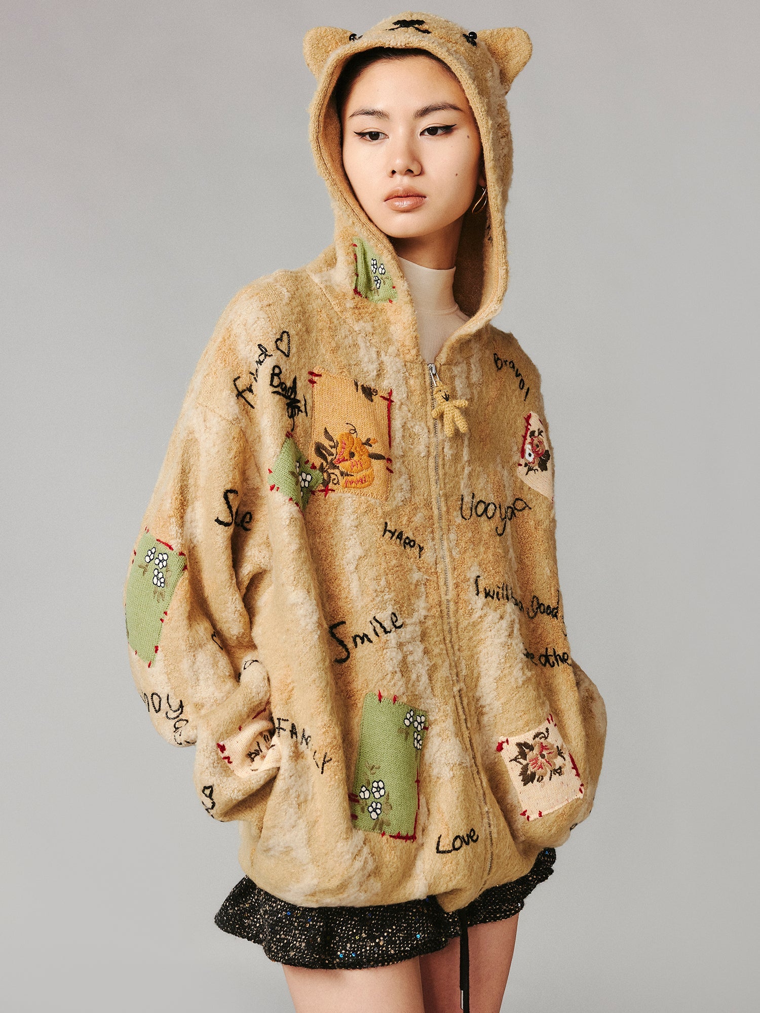 Patchwork teddy bear hooded knit cardigan