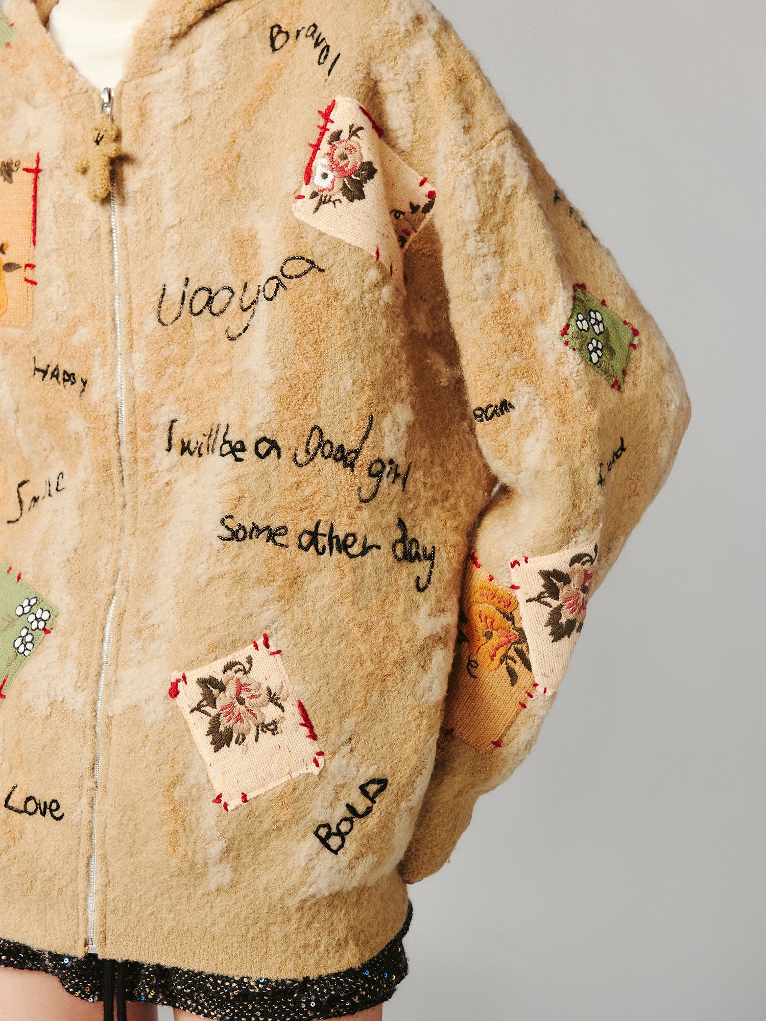 Patchwork teddy bear hooded knit cardigan