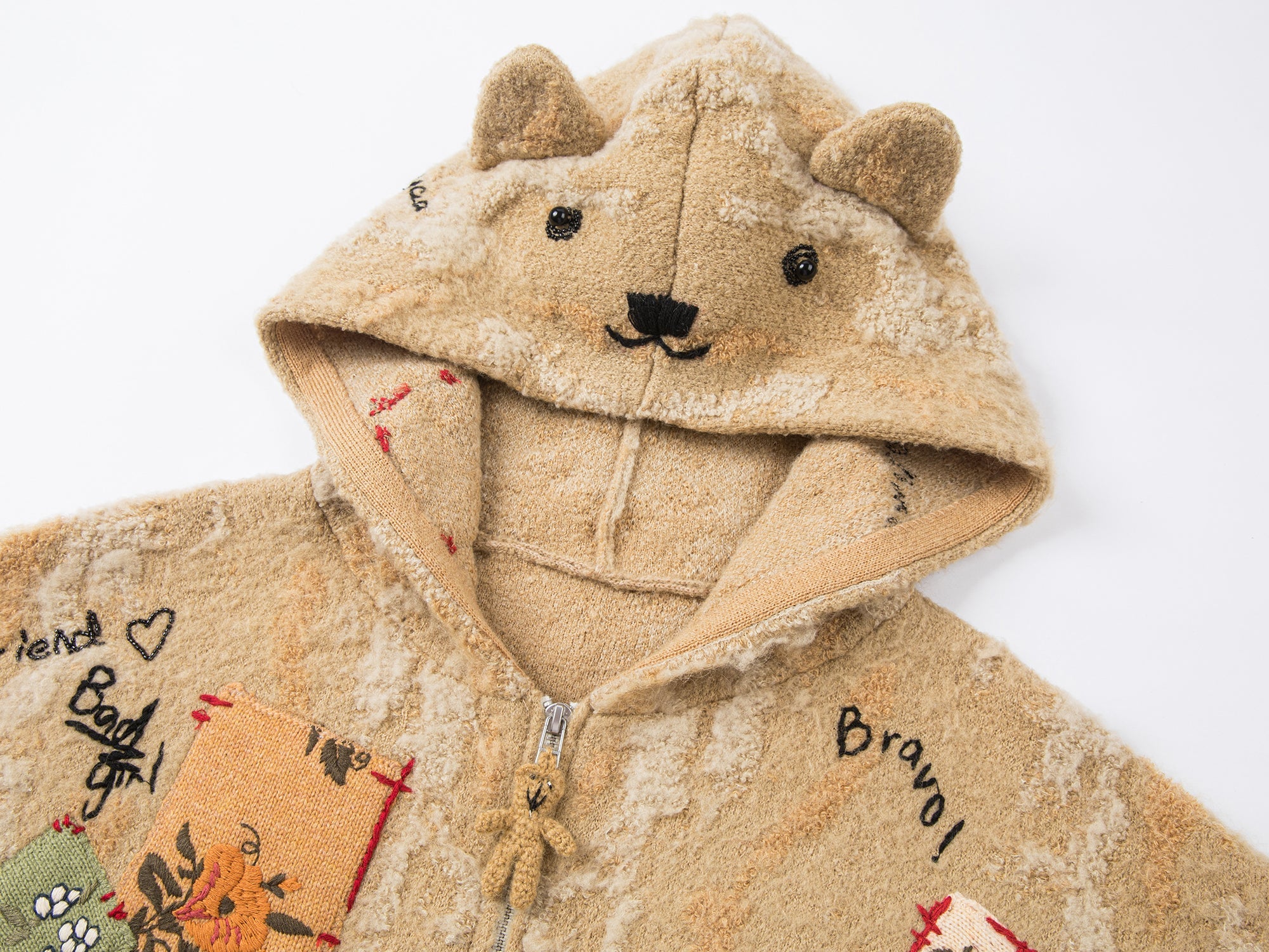 Patchwork teddy bear hooded knit cardigan