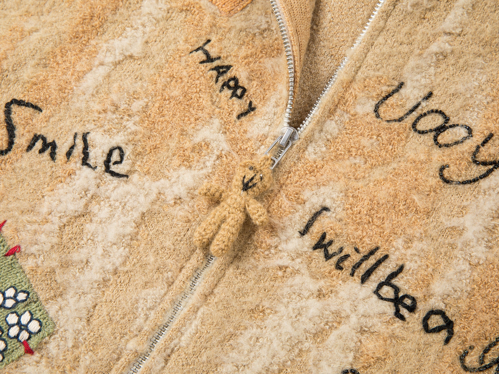 Patchwork teddy bear hooded knit cardigan