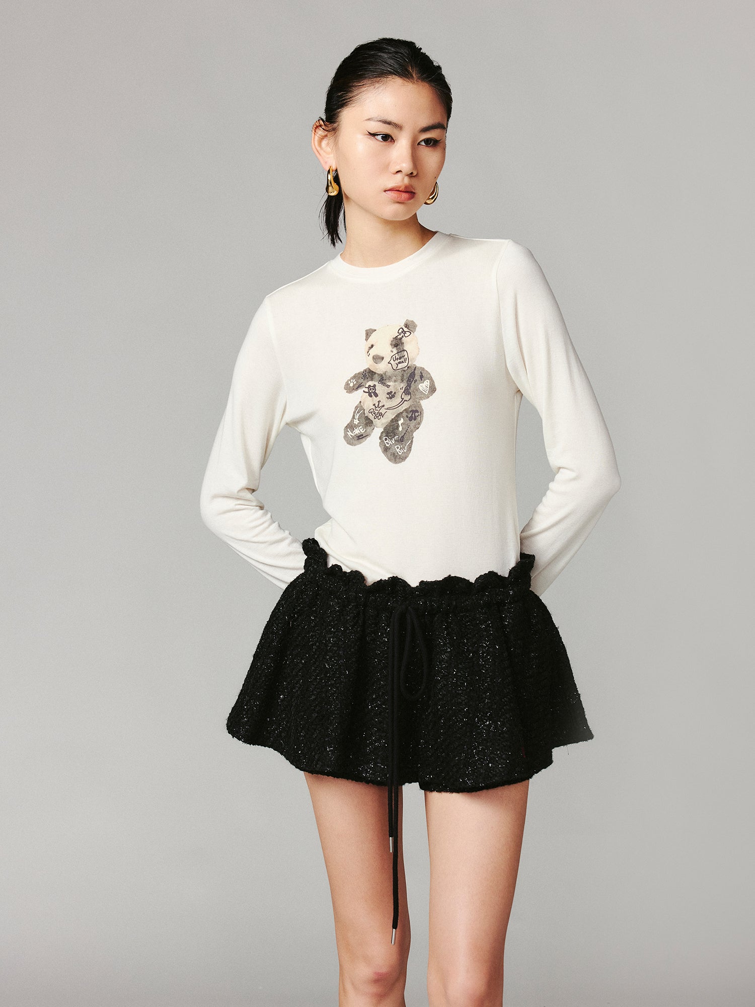 Panda plush print long-sleeve T-shirt