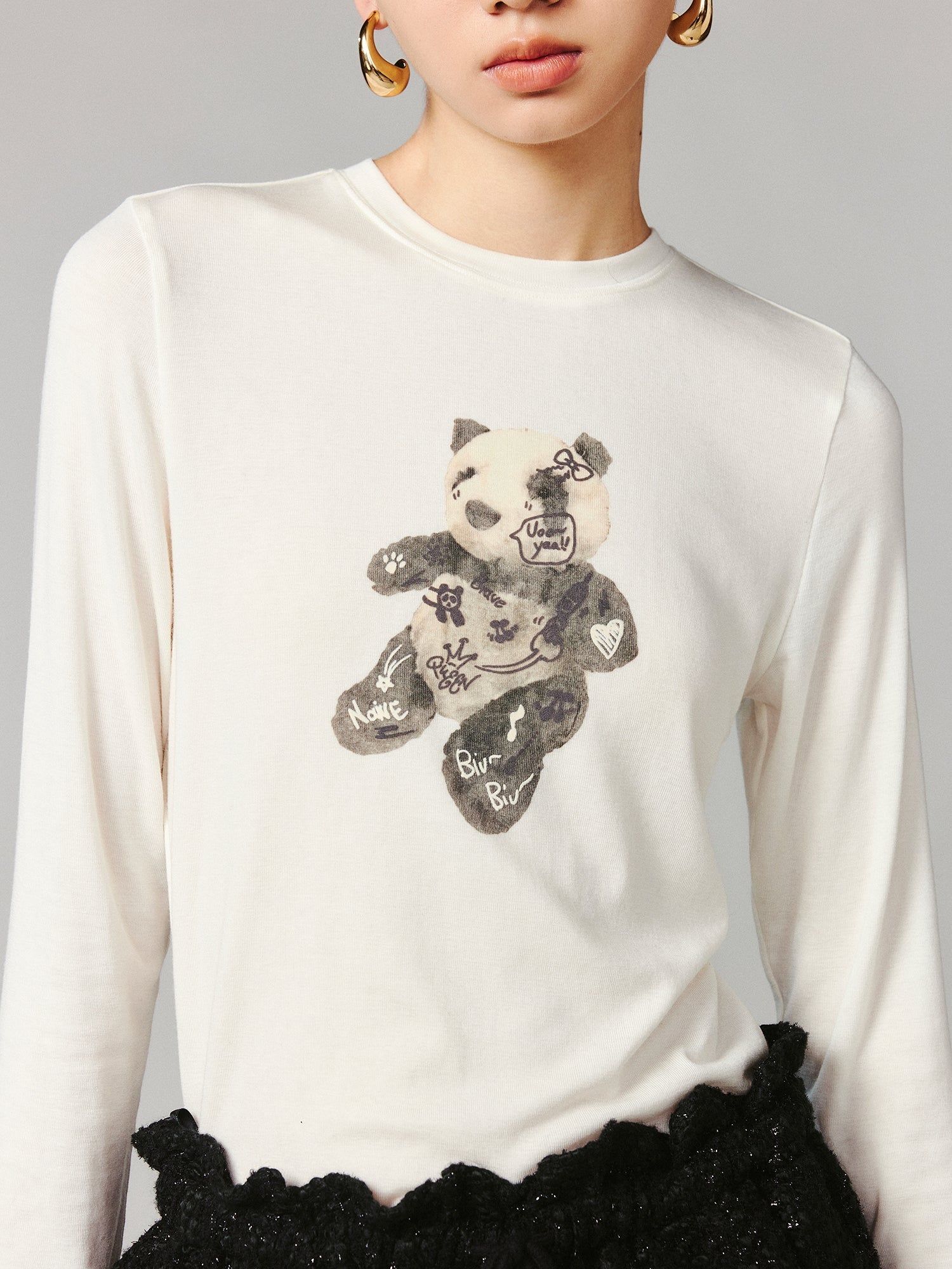 Panda plush print long-sleeve T-shirt