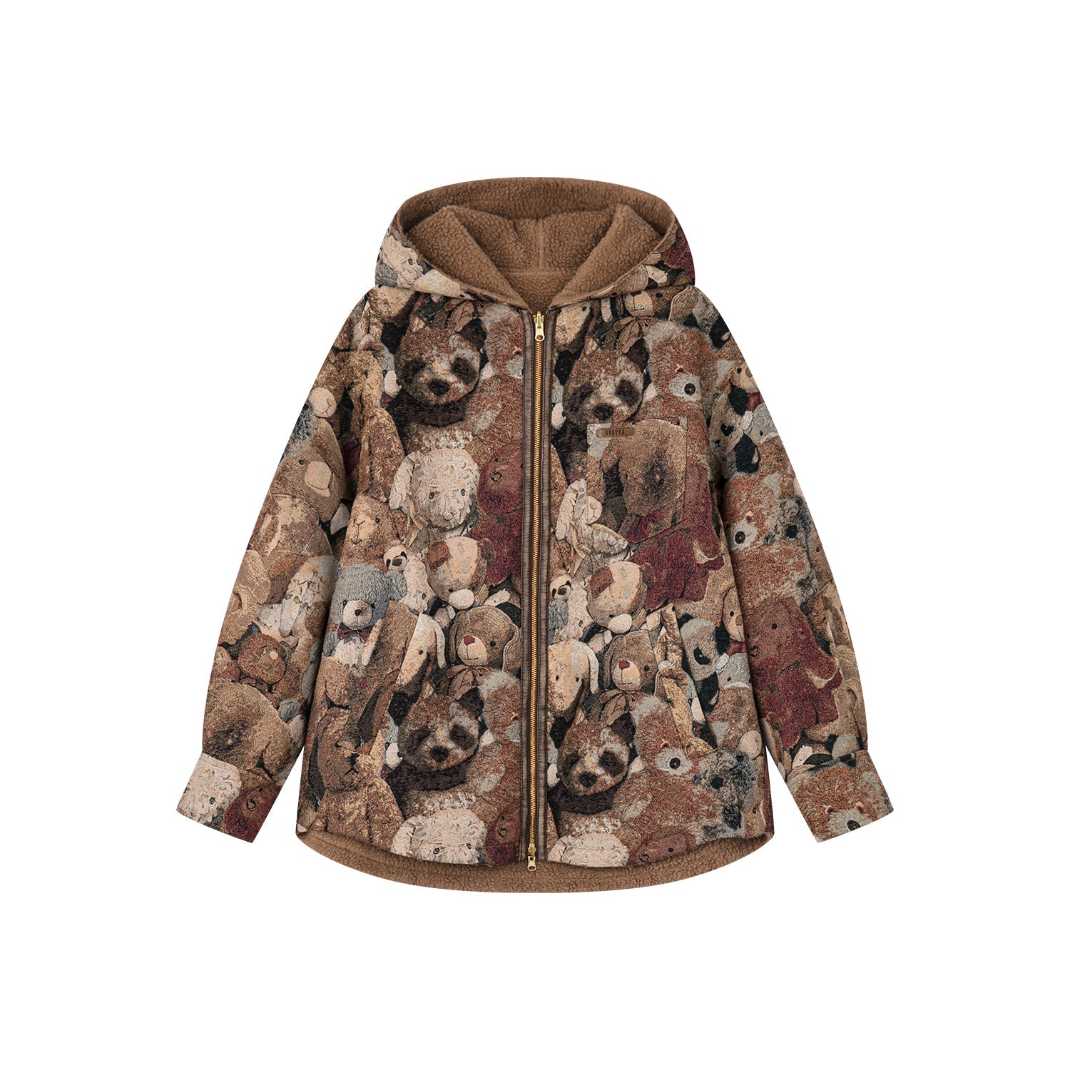 Hooded reversible blanket jacket covered with vintage plush toys