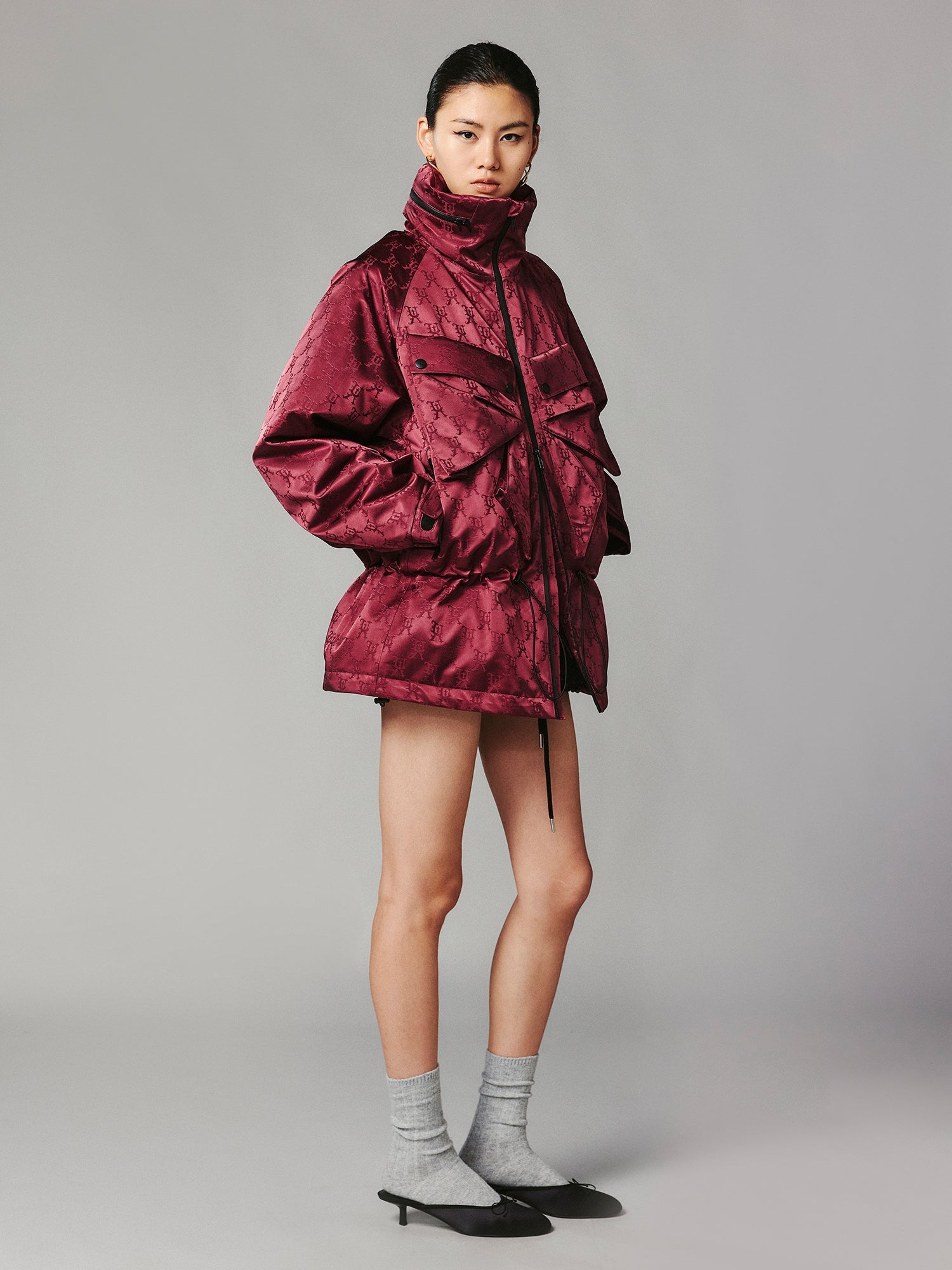 Bow satin jacquard functional puffer