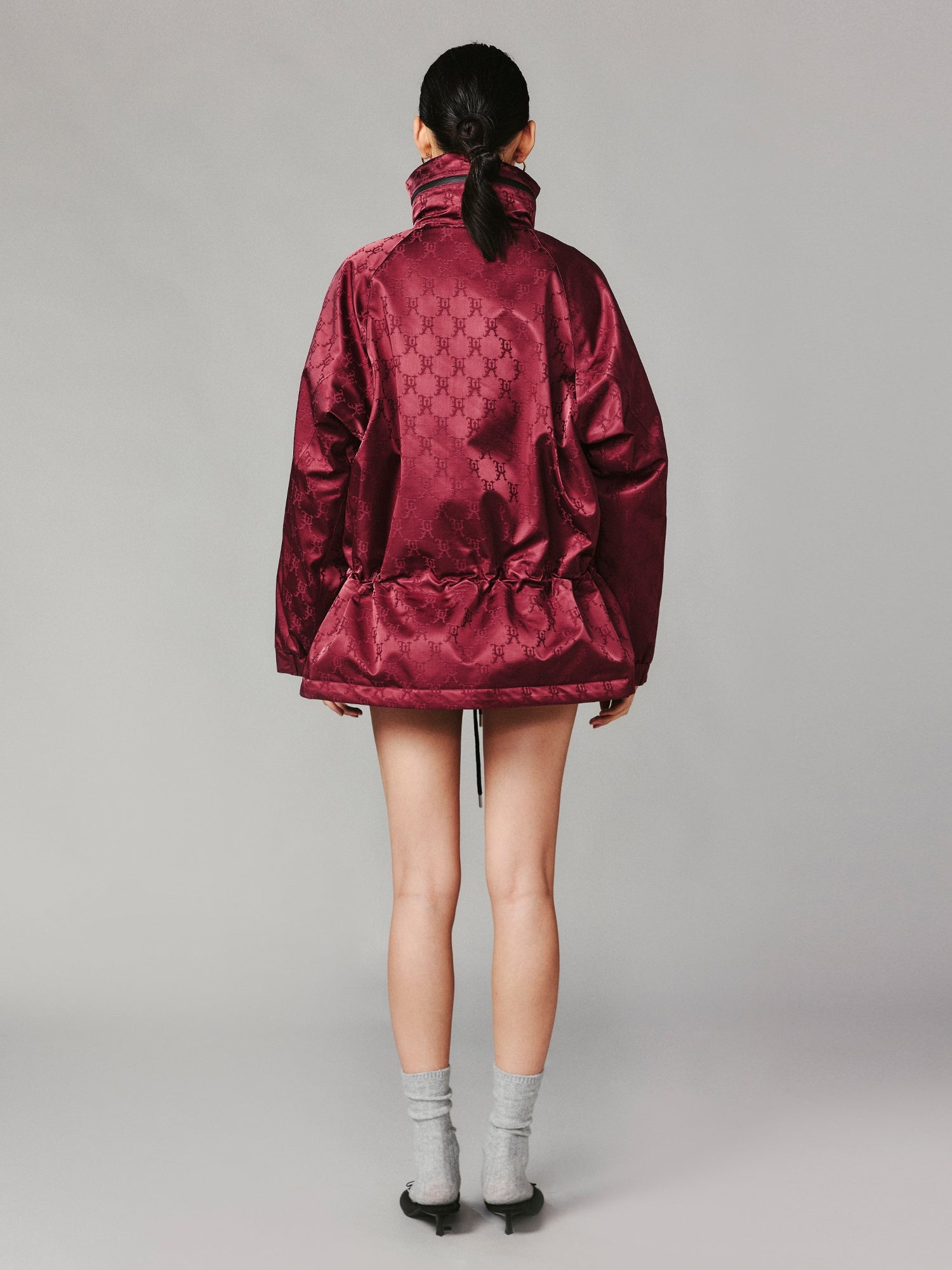 Bow satin jacquard functional puffer
