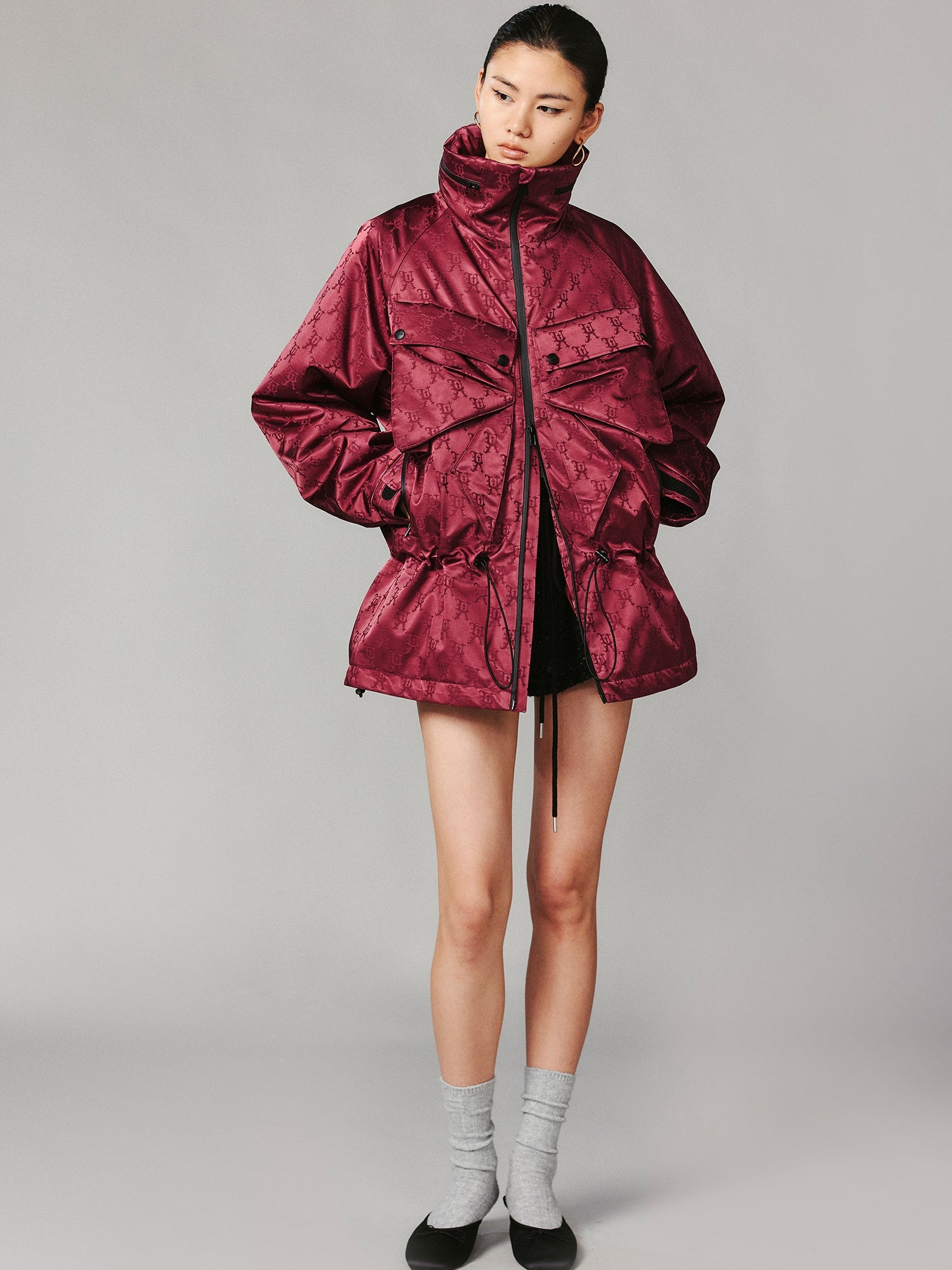Bow satin jacquard functional puffer