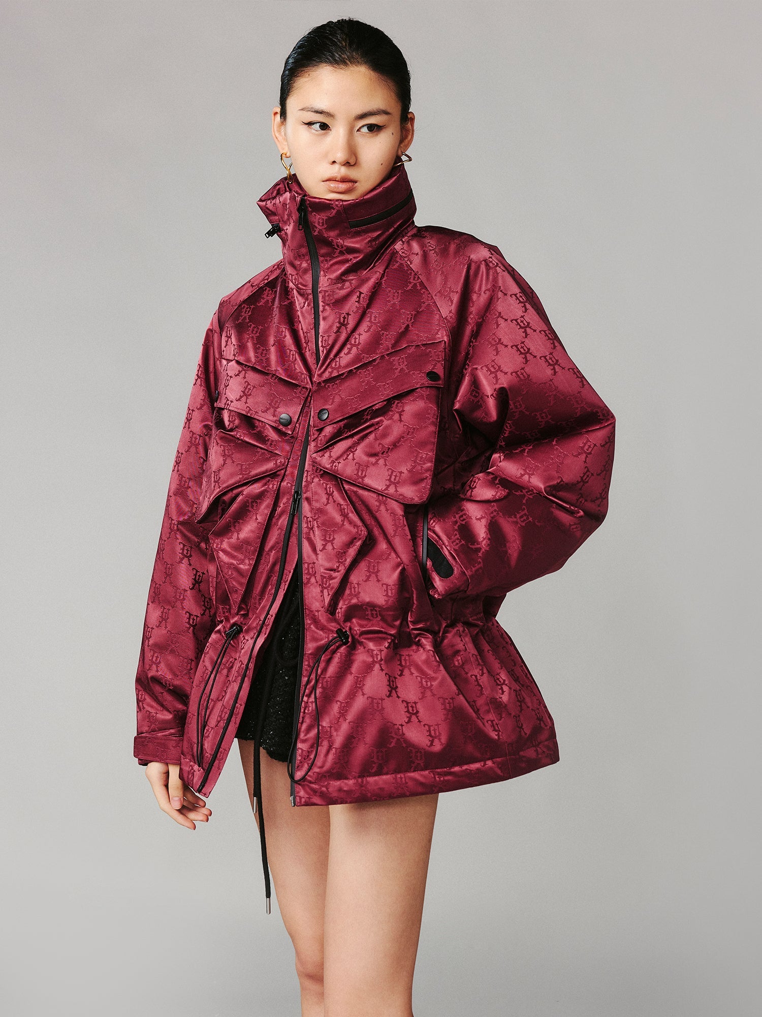 Bow satin jacquard functional puffer