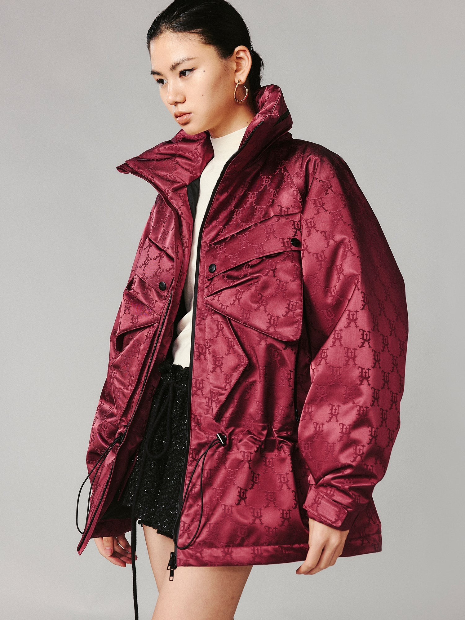 Bow satin jacquard functional puffer