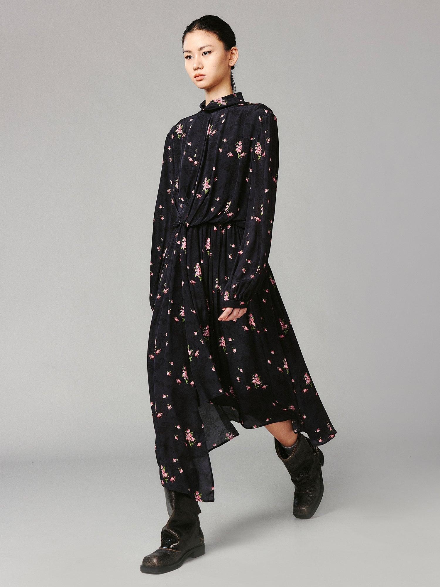 The European wallpaper-inspired floral high-neck dress