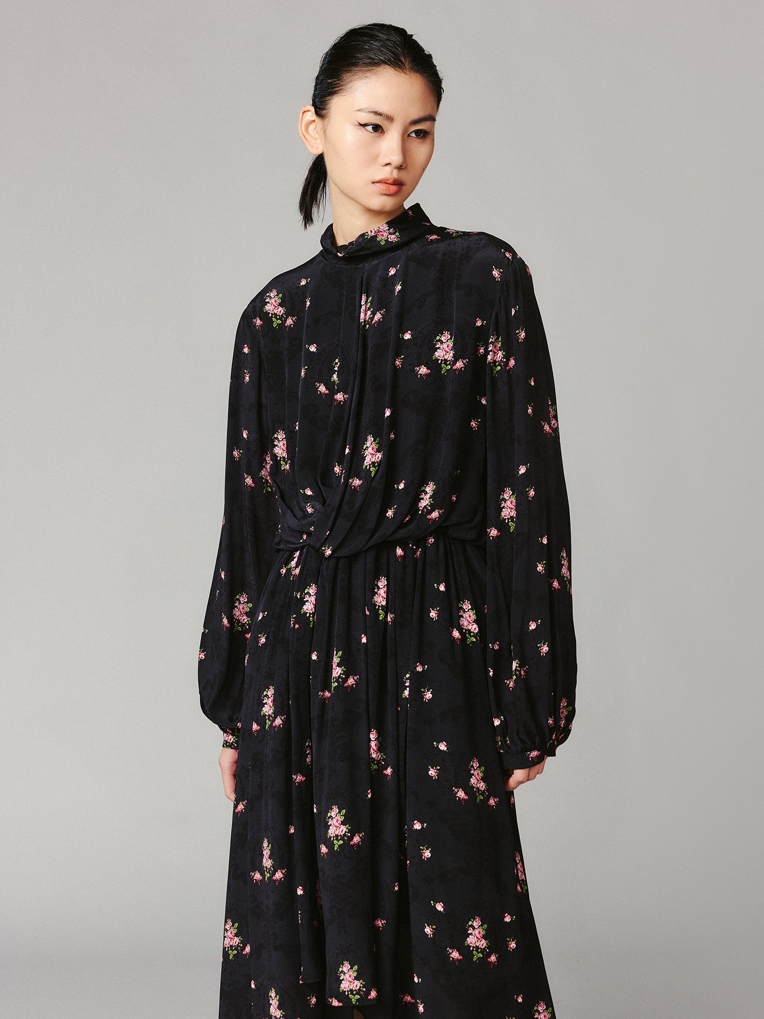 The European wallpaper-inspired floral high-neck dress