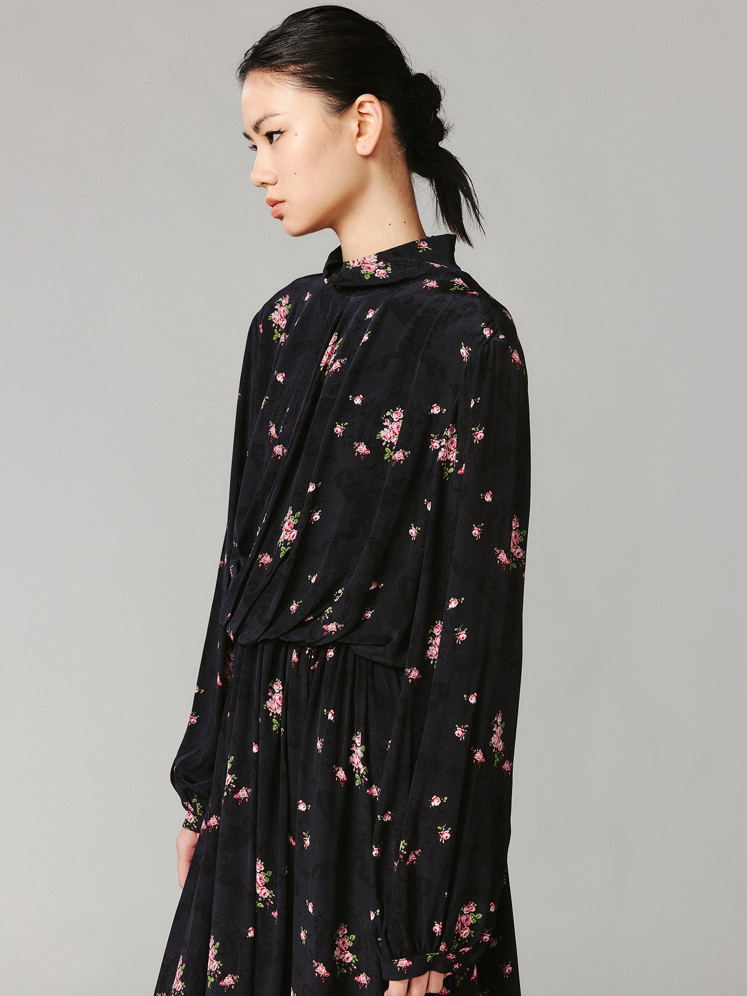The European wallpaper-inspired floral high-neck dress