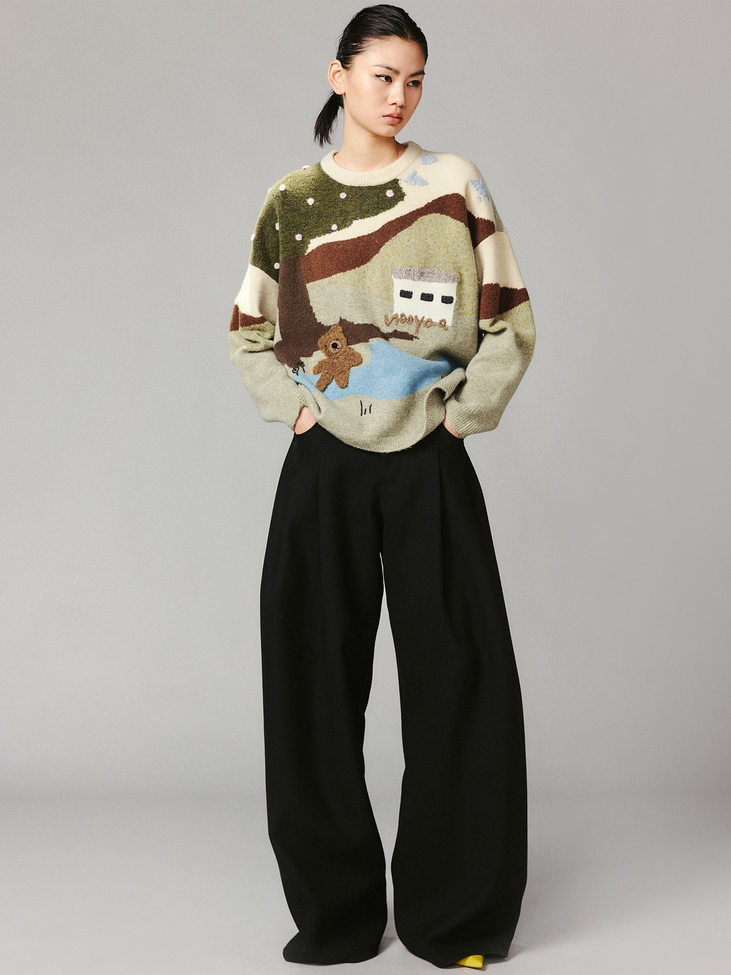 Fine wool double-pleated wide-leg suit trousers