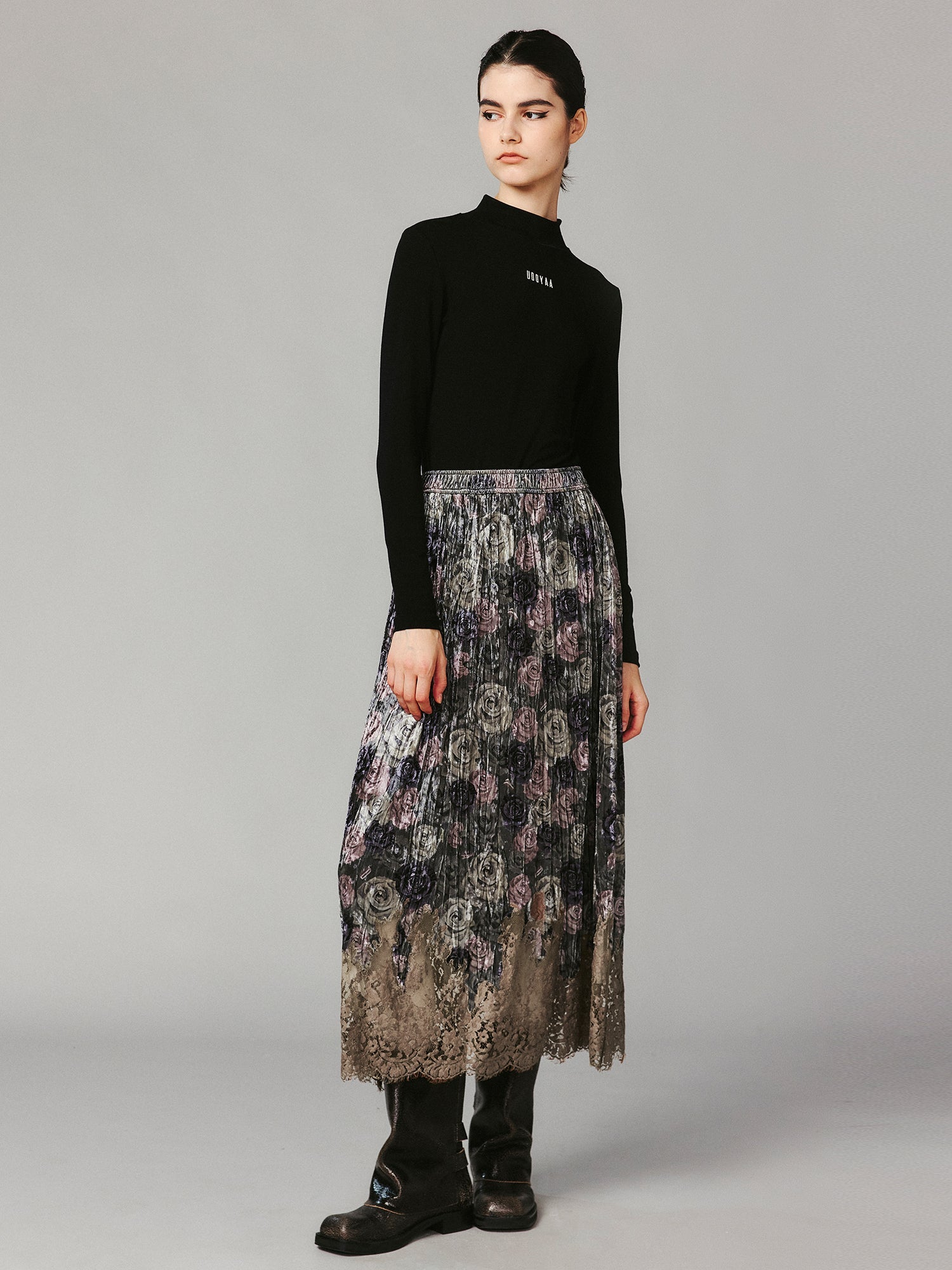 Camouflage rose print velvet lace skirt