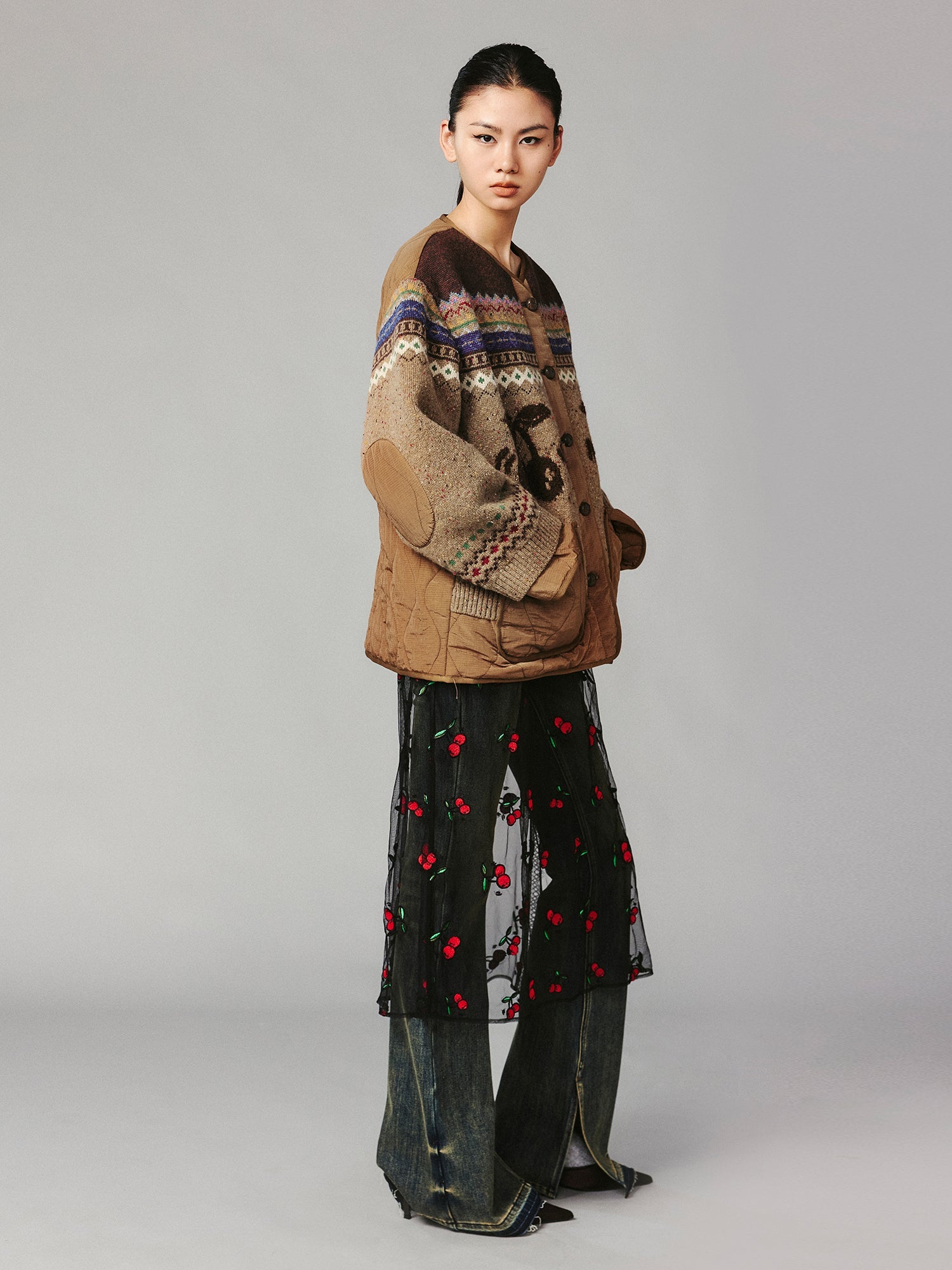 Dynamic cherry fair isle cotton coat cardigan