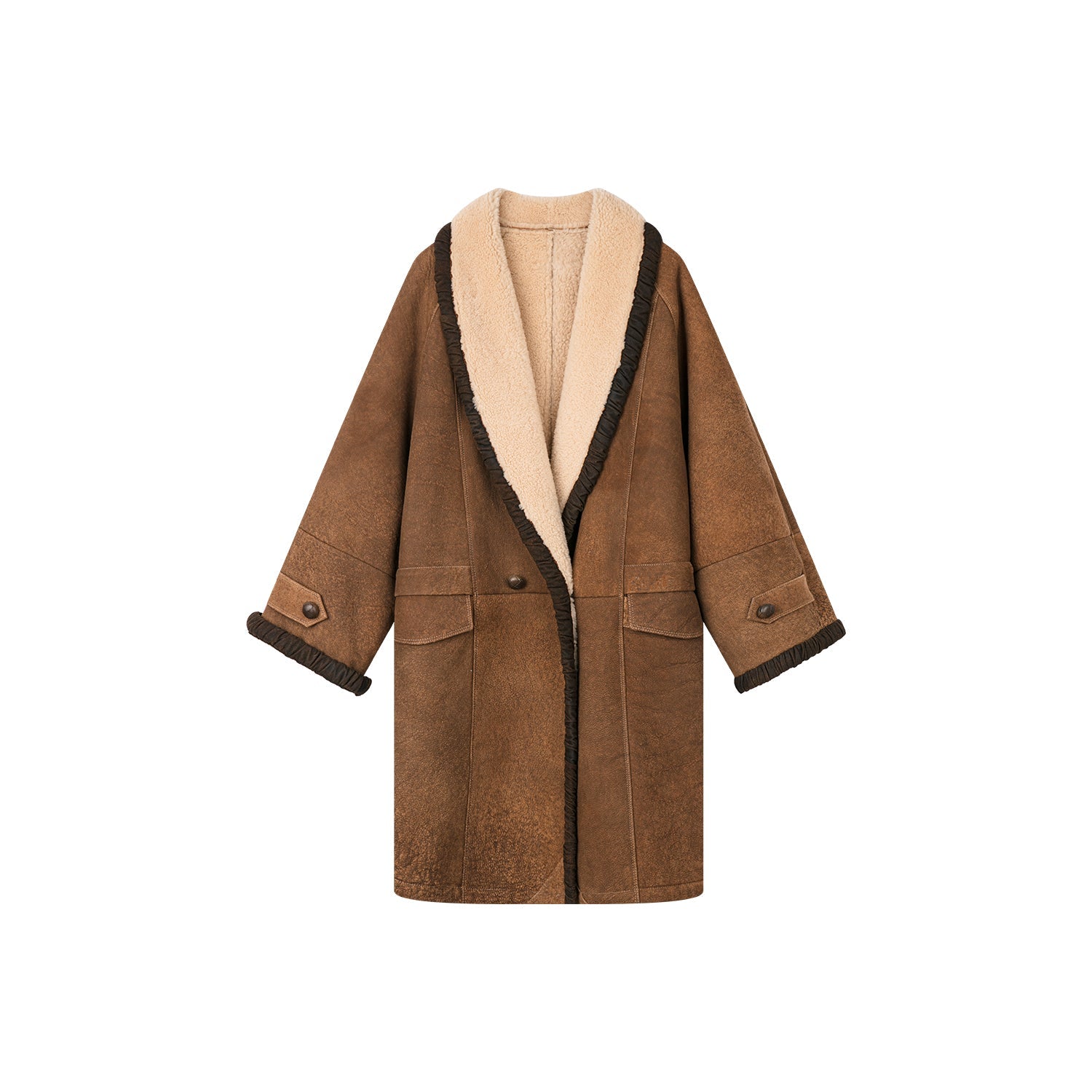 Shawl collar style merino wool and shearling coat