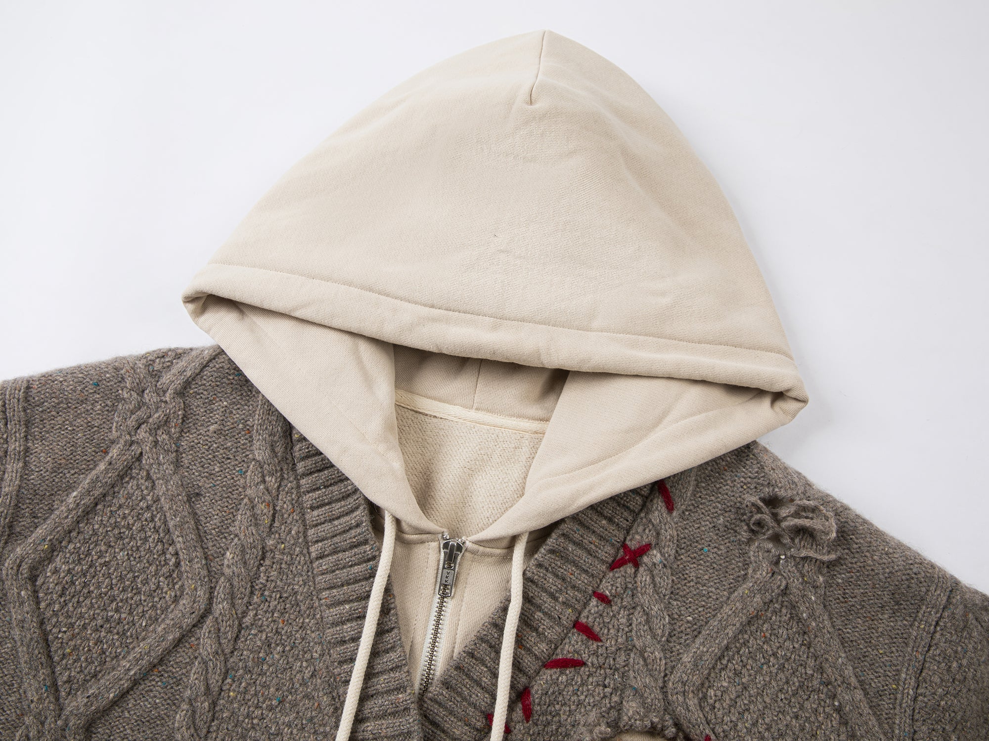 Layered look cable-knit hoodie with 3D bear peeking through