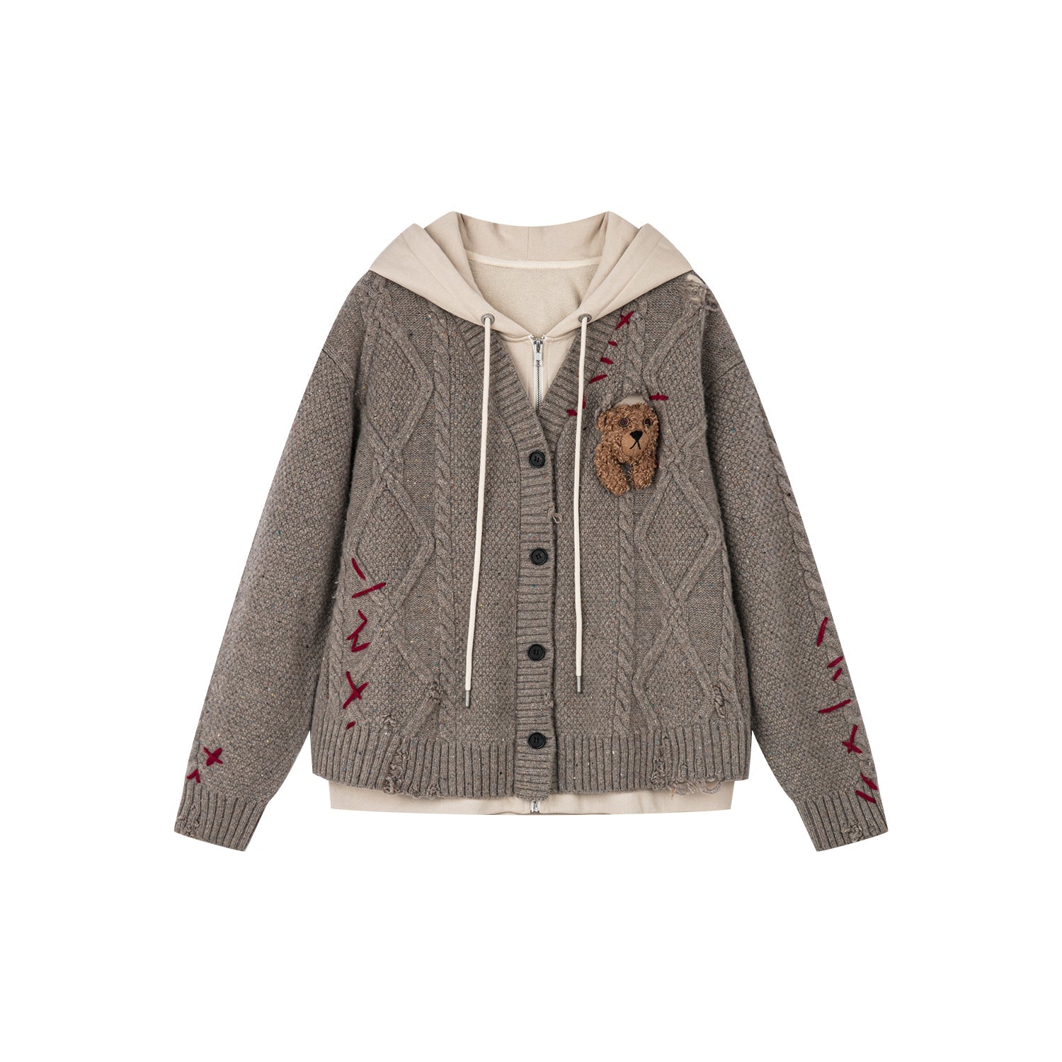 Layered look cable-knit hoodie with 3D bear peeking through
