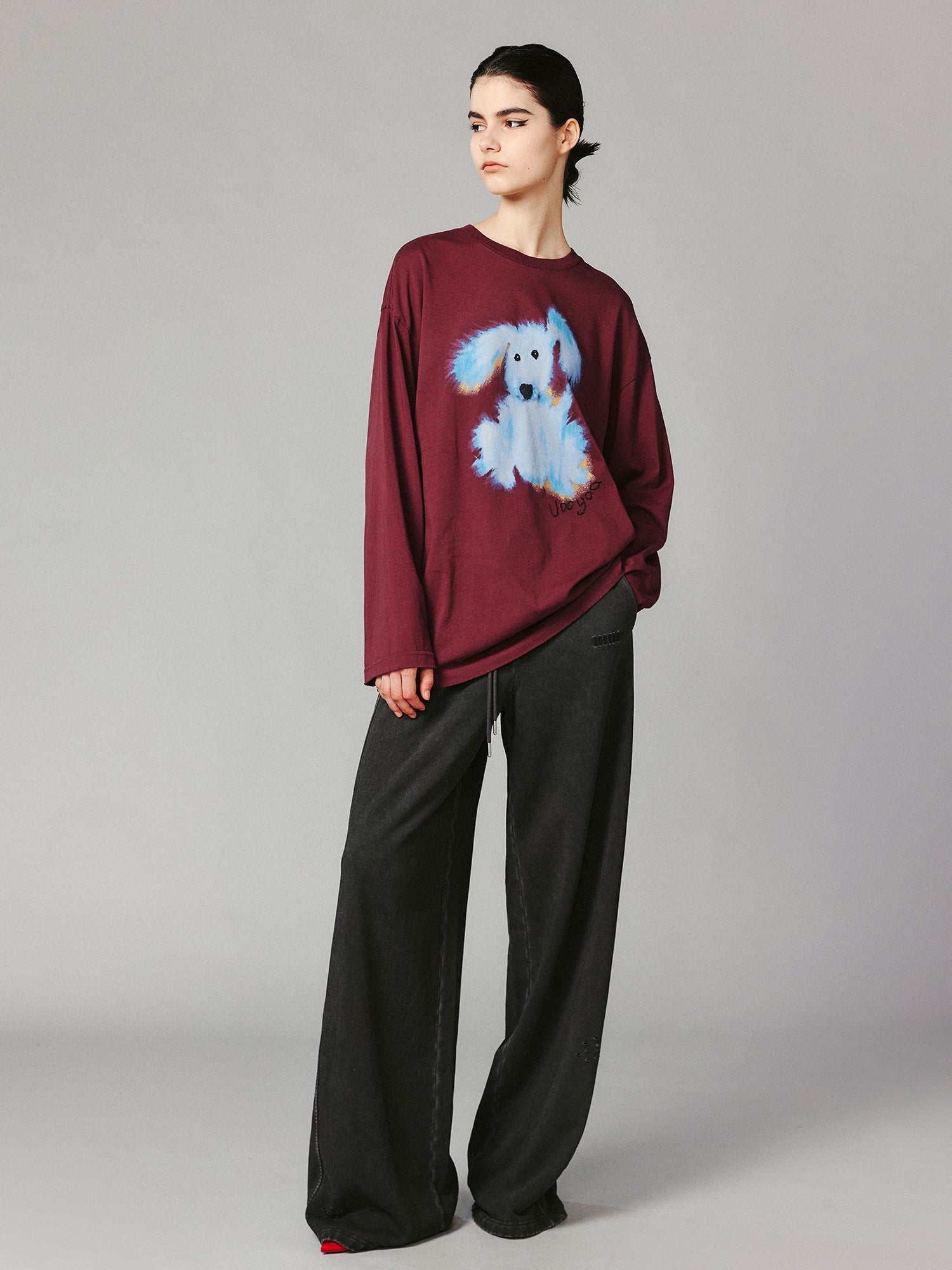 Fluffy dog print long-sleeve T-shirt