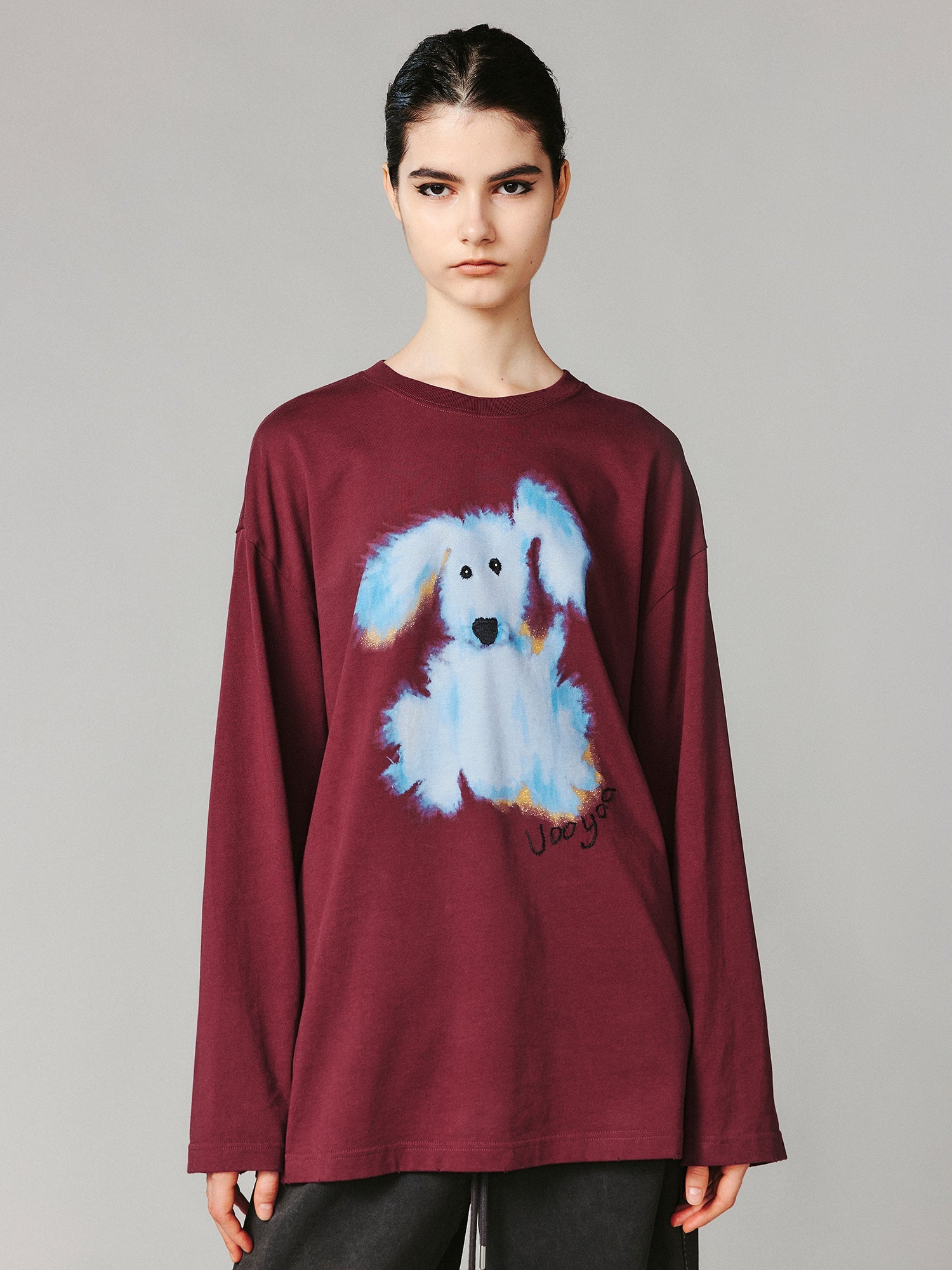Fluffy dog print long-sleeve T-shirt