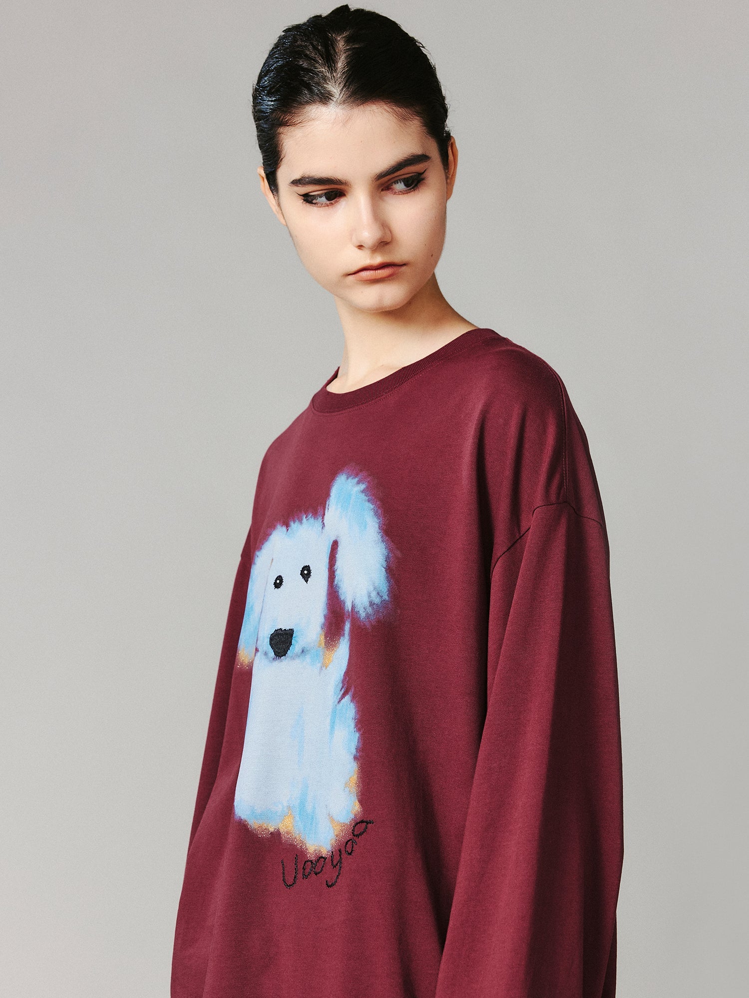 Fluffy dog print long-sleeve T-shirt