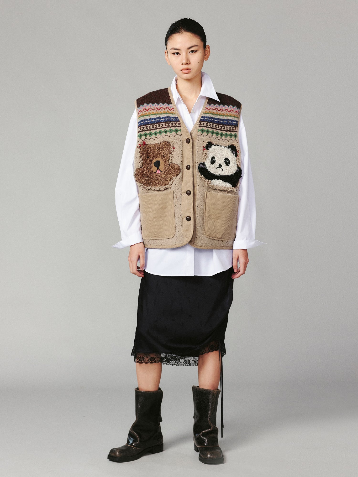 "We are bears" fair isle cotton v-neck cardigan vest