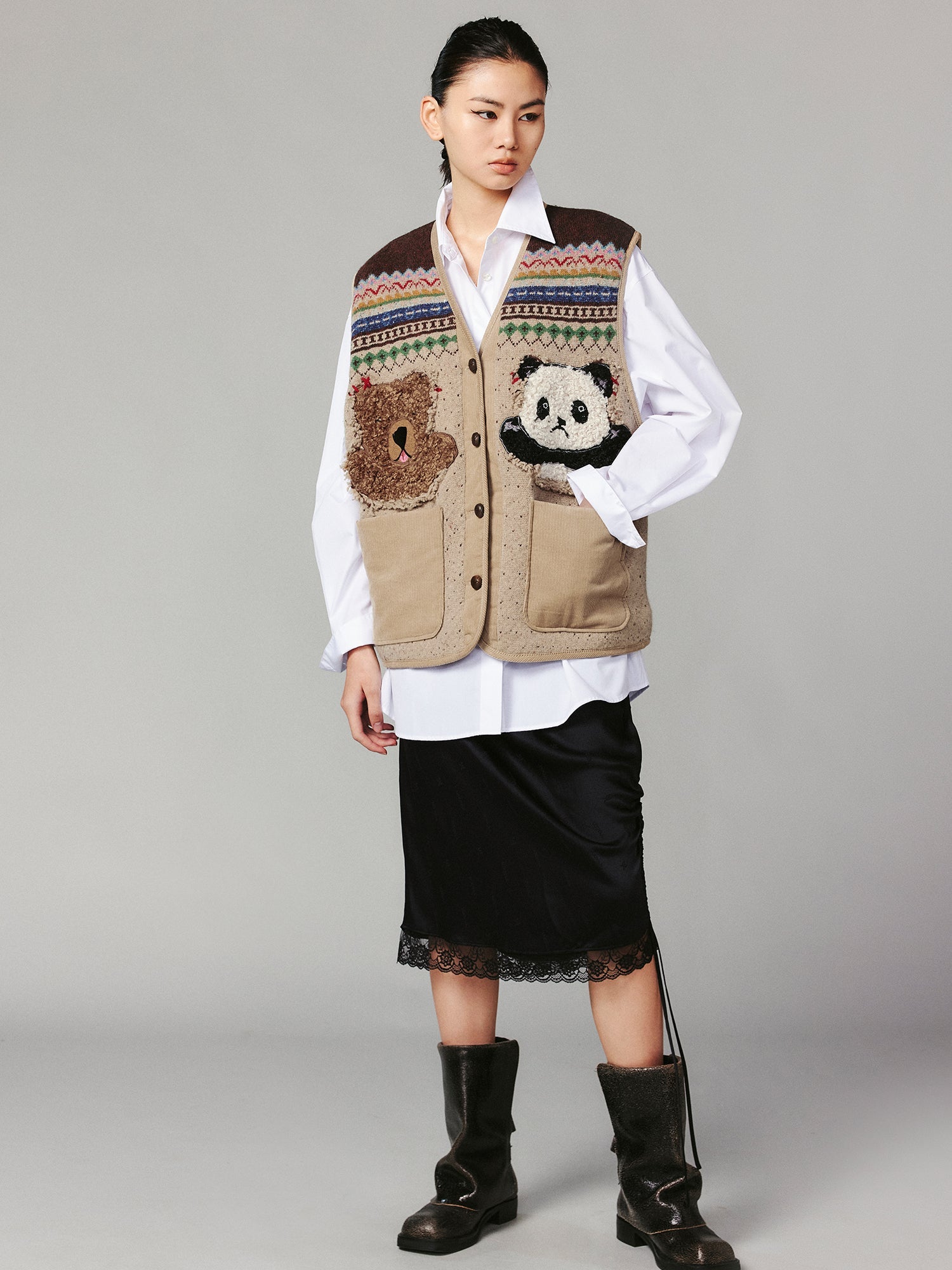 "We are bears" fair isle cotton v-neck cardigan vest