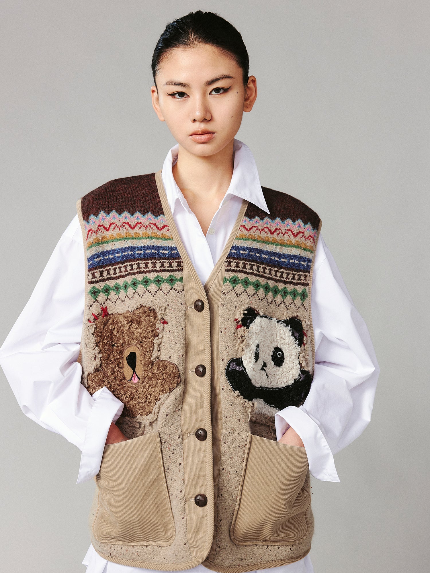 "We are bears" fair isle cotton v-neck cardigan vest