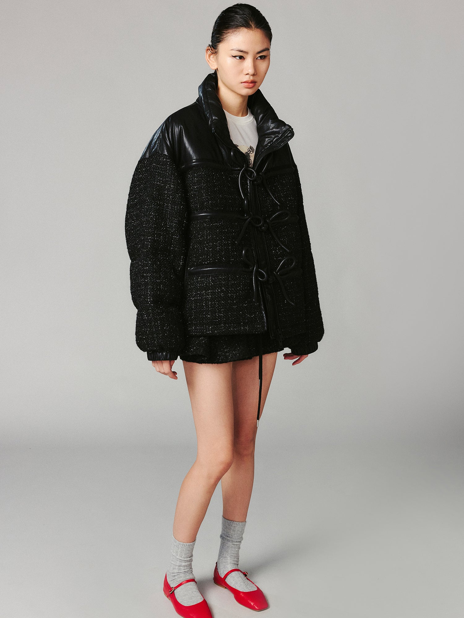 3D knot button bow tweed and PU protein leather puffer
