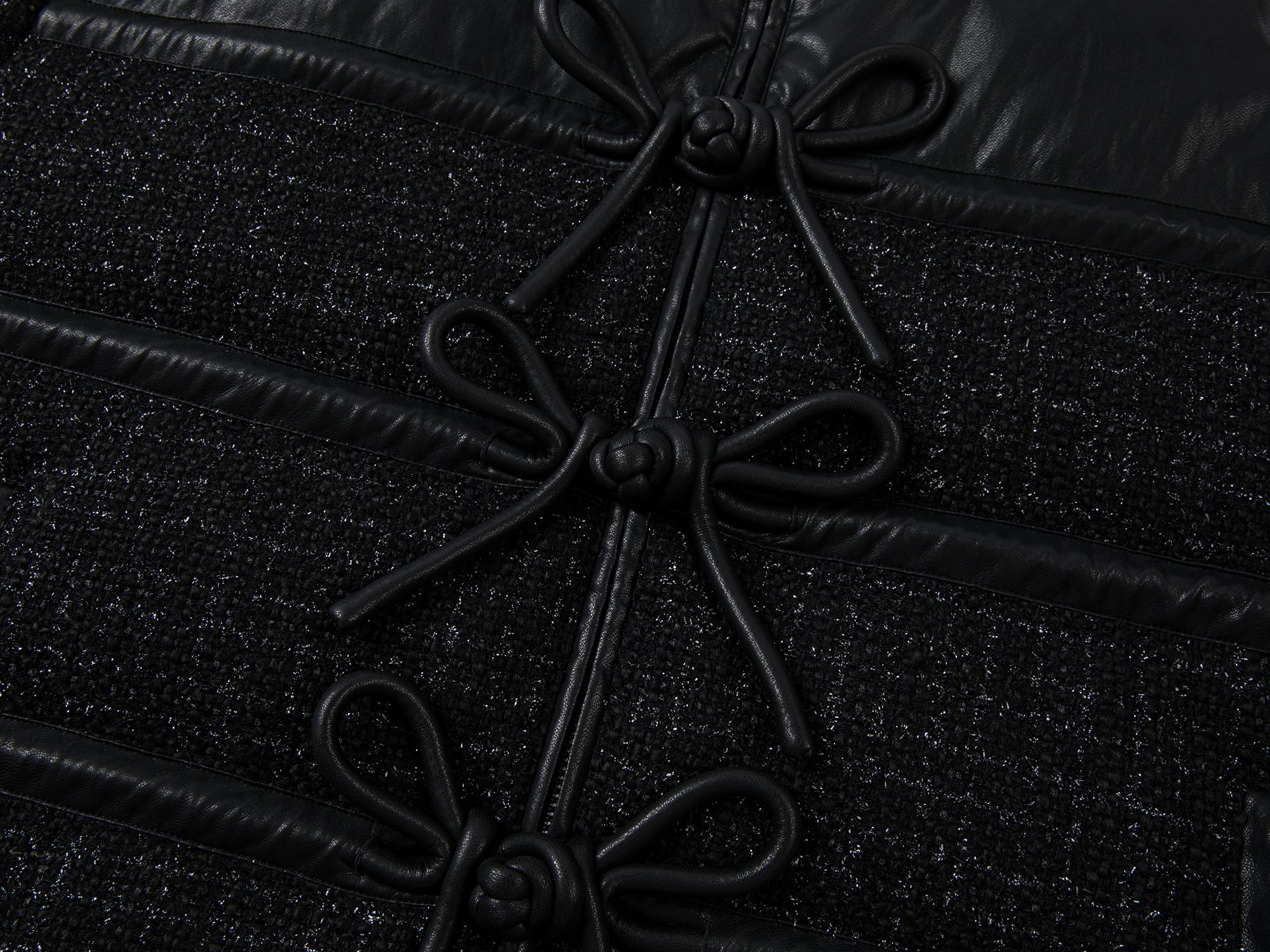 3D knot button bow tweed and PU protein leather puffer