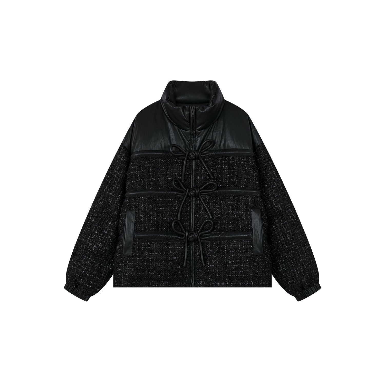 3D knot button bow tweed and PU protein leather puffer