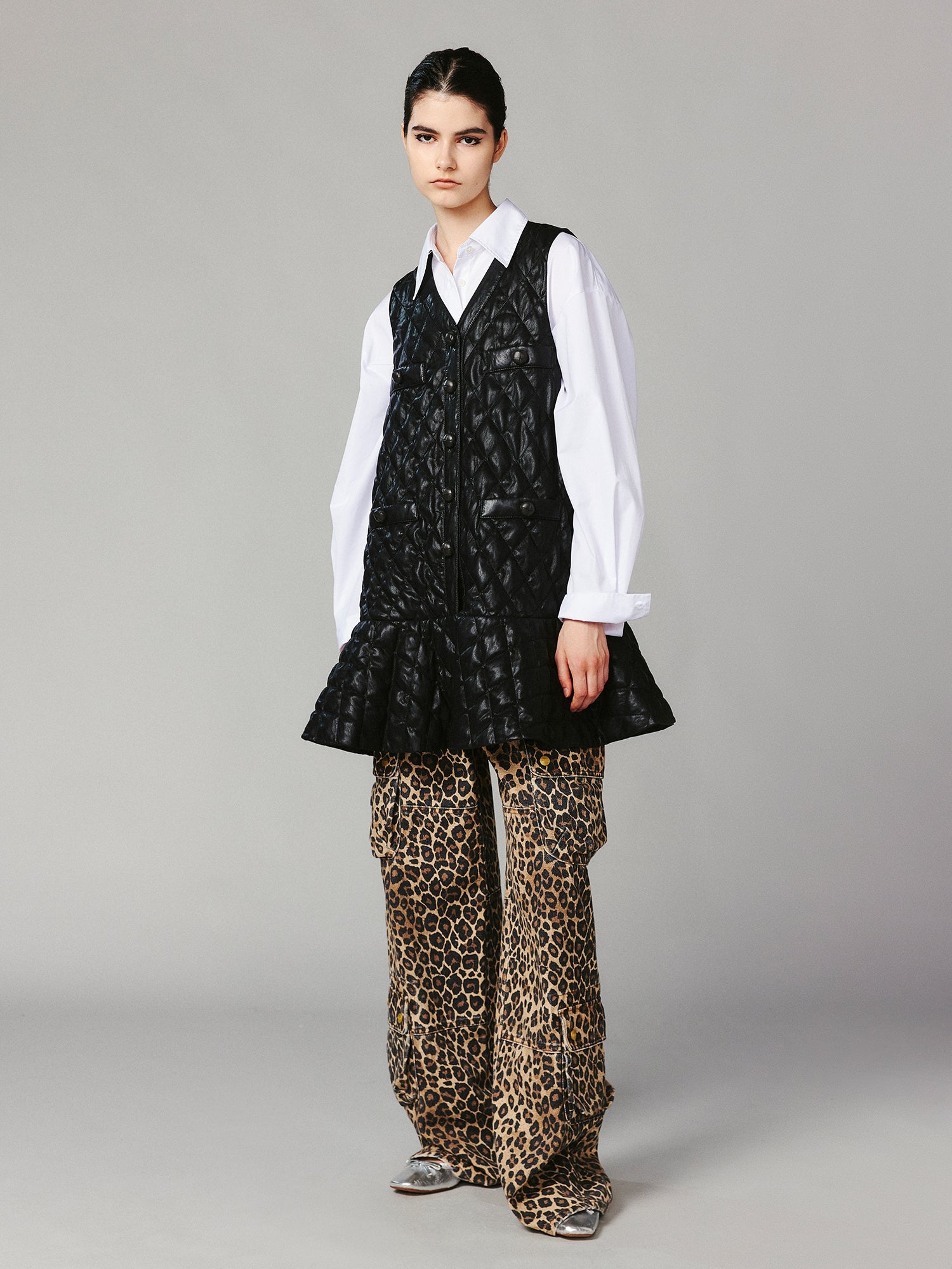 PU ruffled hem vest dress