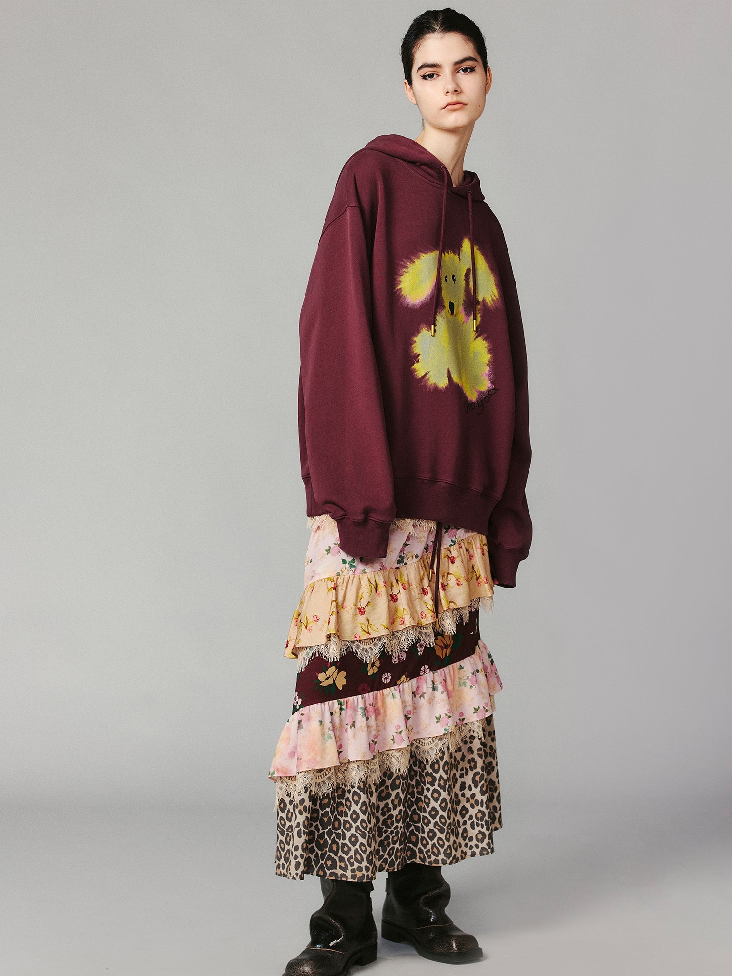 Romantic floral print ruffle maxi skirt