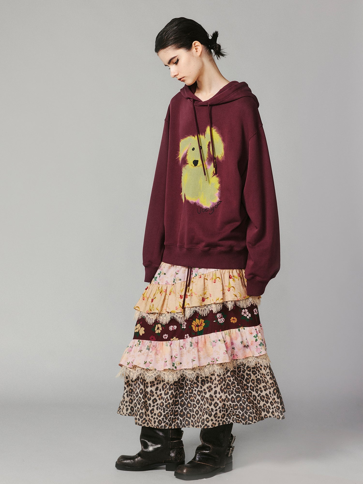 Romantic floral print ruffle maxi skirt