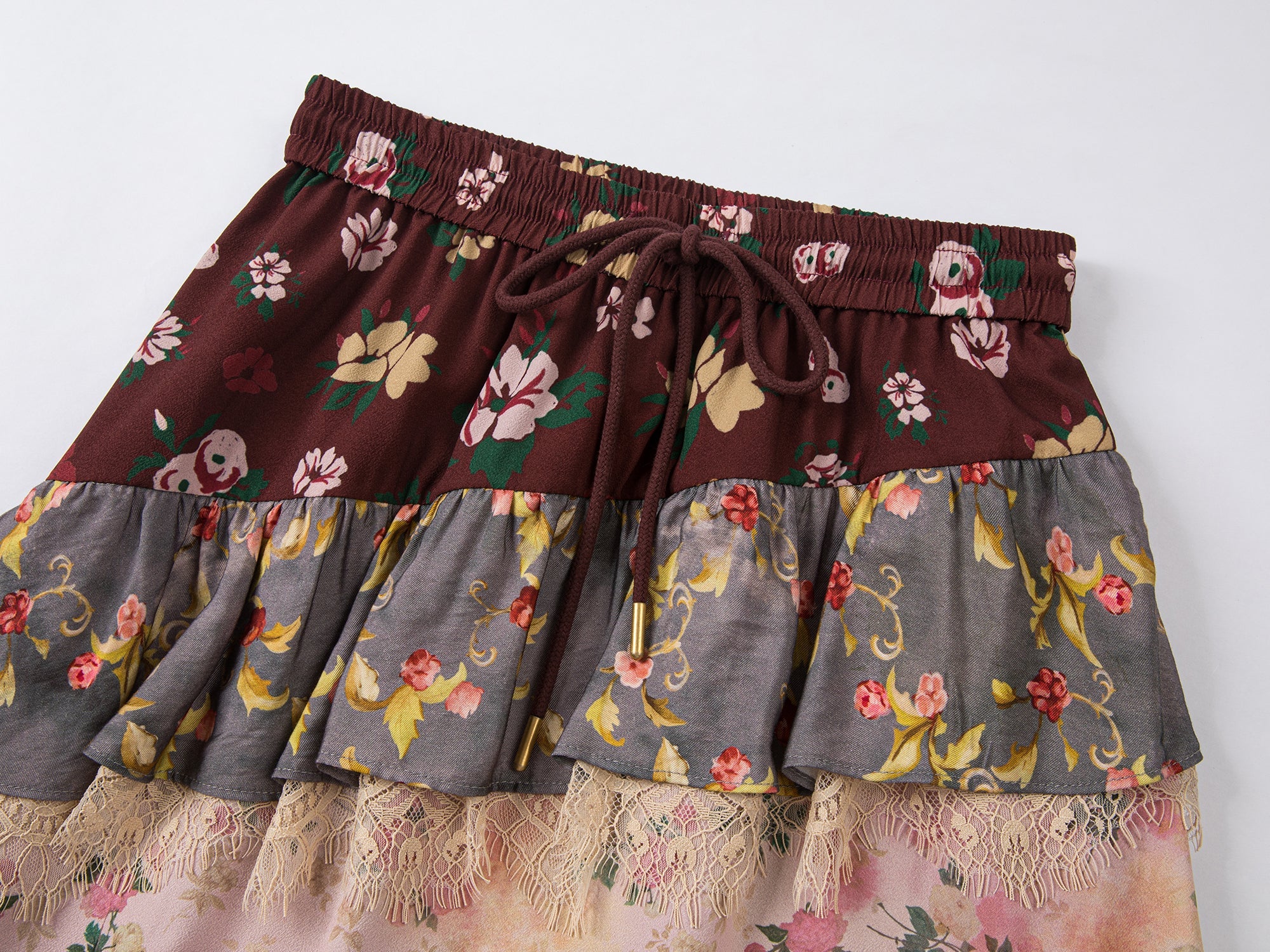 Romantic floral print ruffle maxi skirt