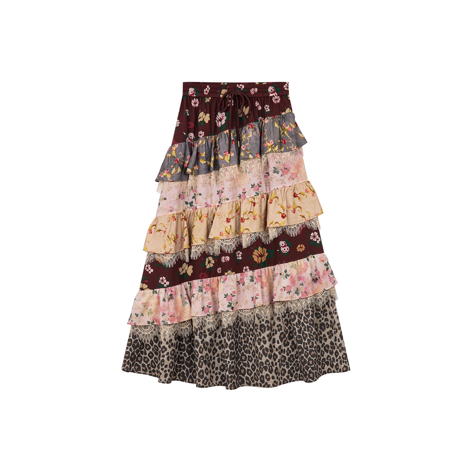 Romantic floral print ruffle maxi skirt