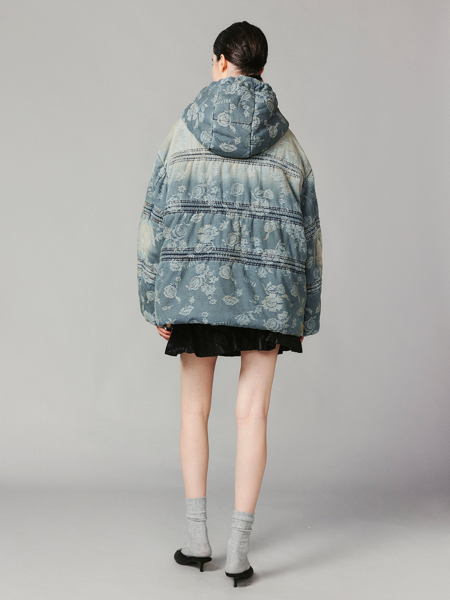 Frog button denim jacquard puffer jacket
