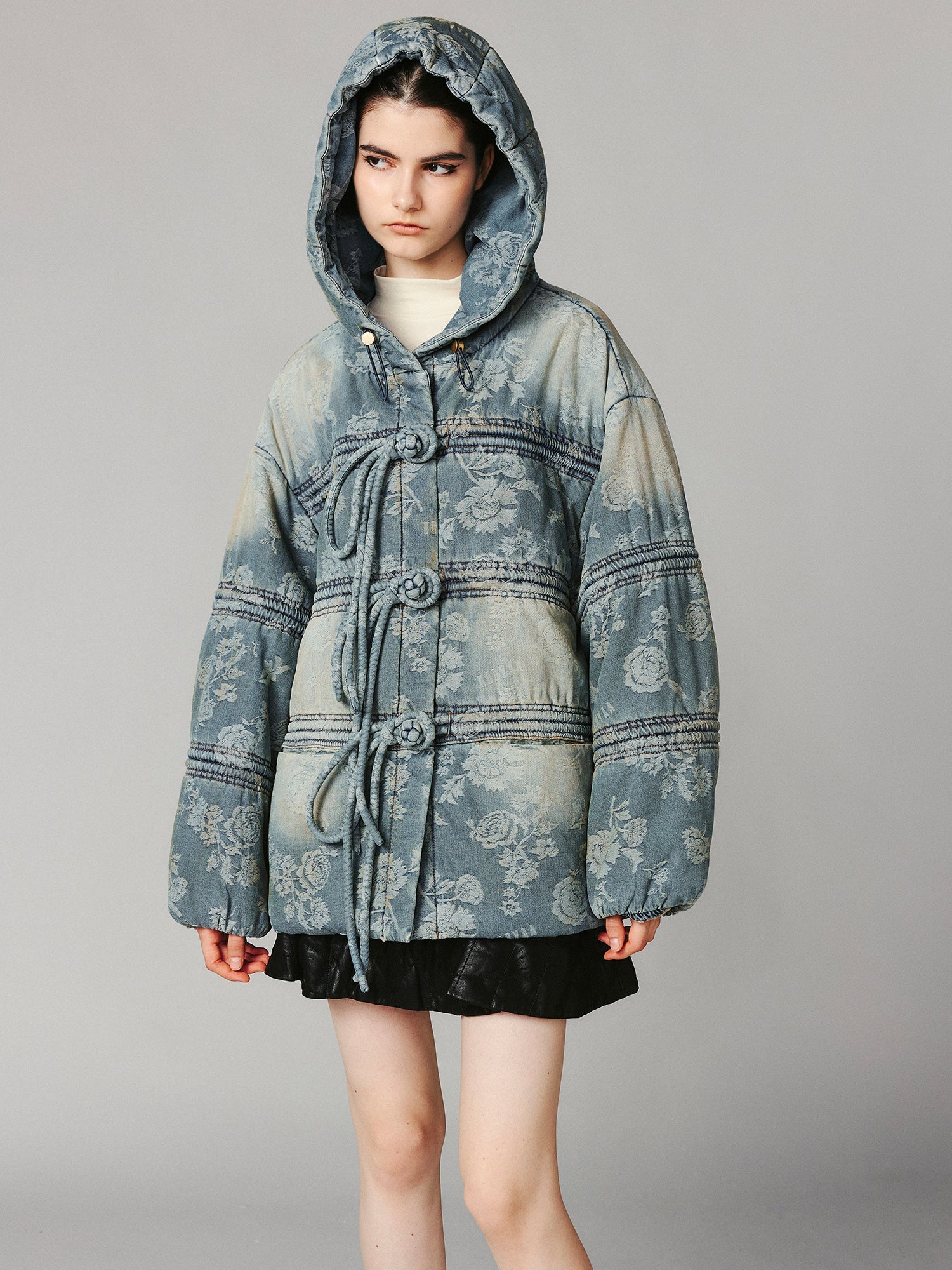 Frog button denim jacquard puffer jacket