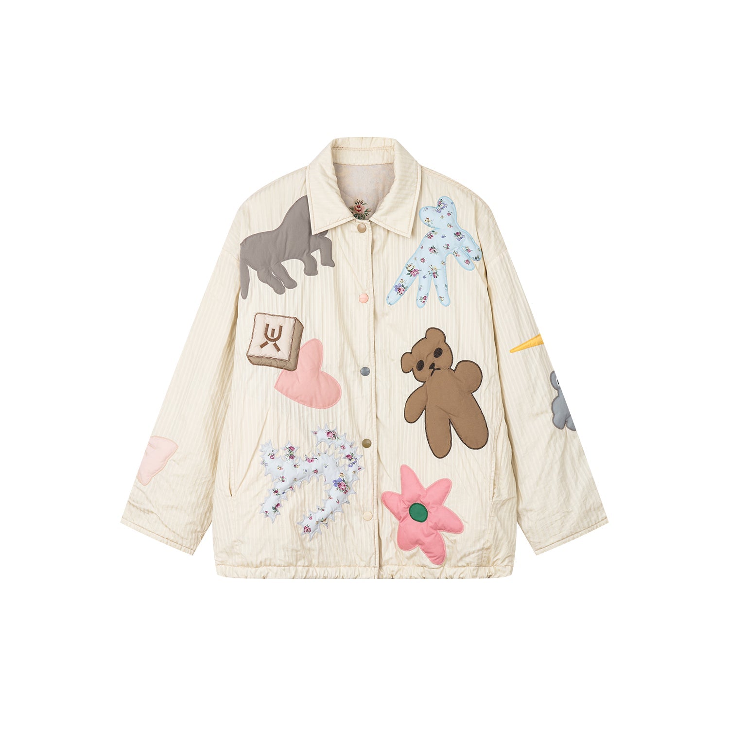 Reversible puffer jacket embroidered with childhood dolls and vintage wallpaper print