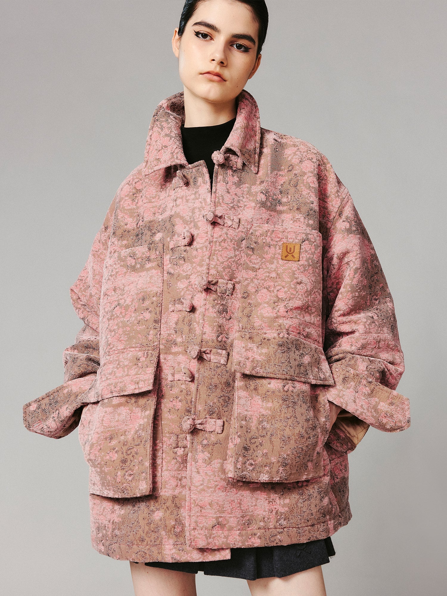Oversized cotton jacket with floral carpet pattern